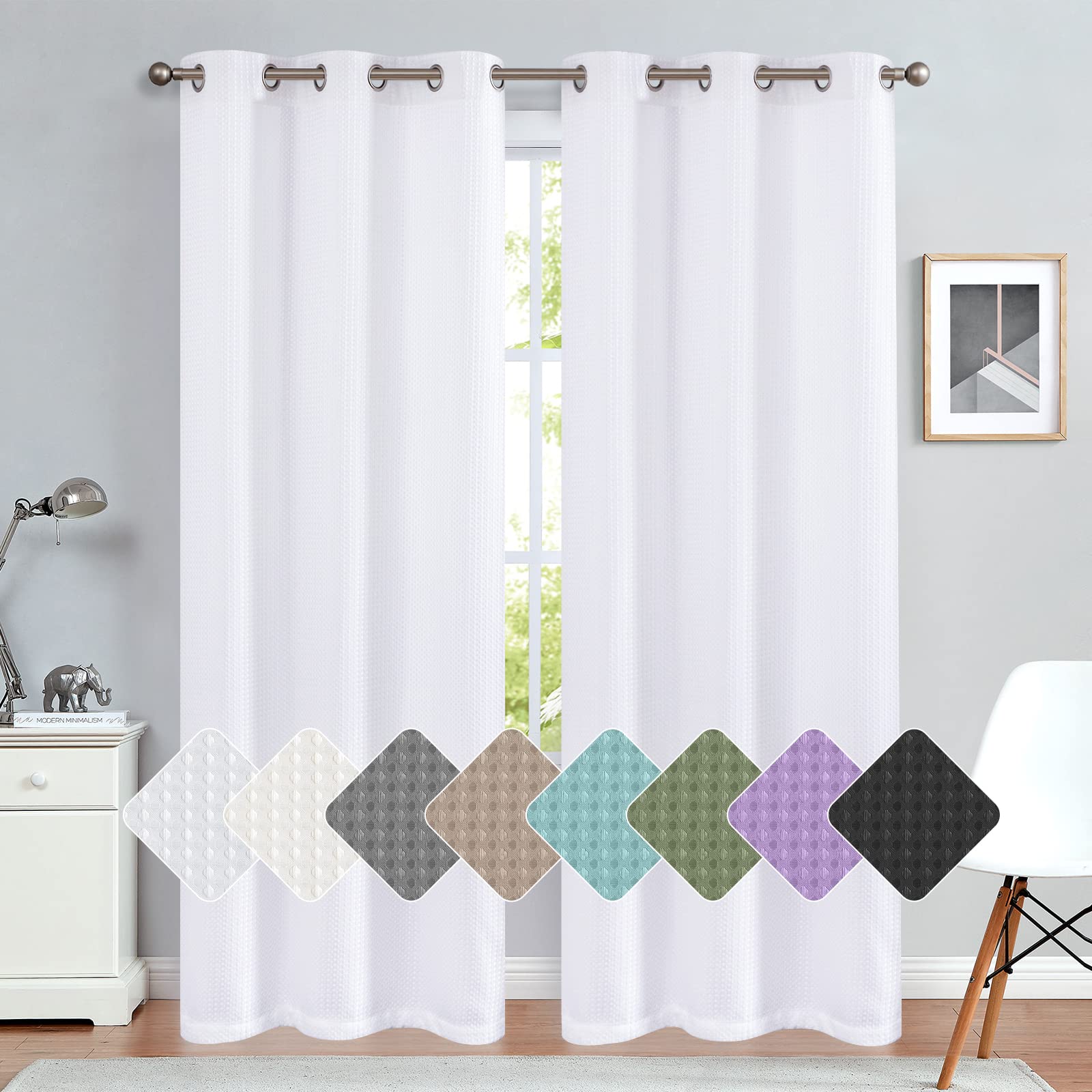 Vangao 90 Inch White Waffle Weave Curtains - Plaid Textured Grommet Top Window Drapes for Living Room & Bedroom | Blackout Privacy Sheers for Home Decor & Cozy Atmosphere