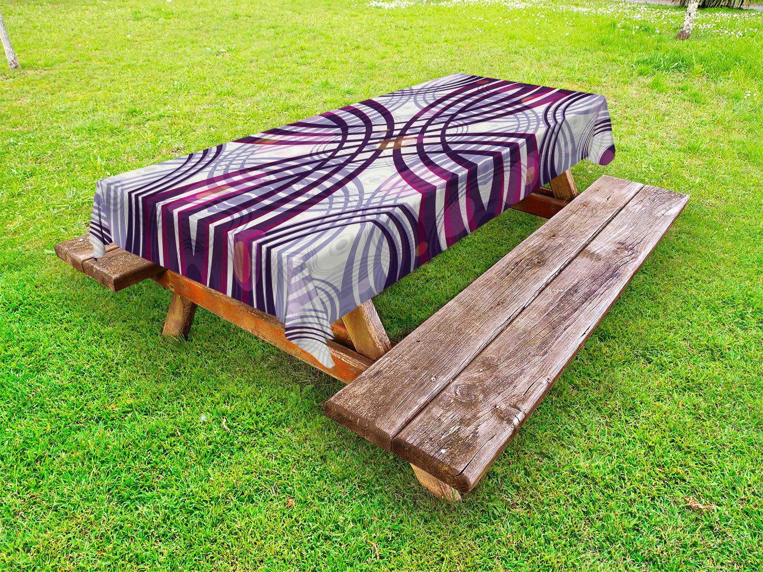 Ambesonne Vintage Art Nouveau Outdoor Tablecloth - Geometric Groovy Curved Lines Design, Washable Picnic Table Cover 58x120 Inches, Dark Purple Pale Mauve Magenta - Perfect for Garden Parties, BBQs, and Outdoor Dining