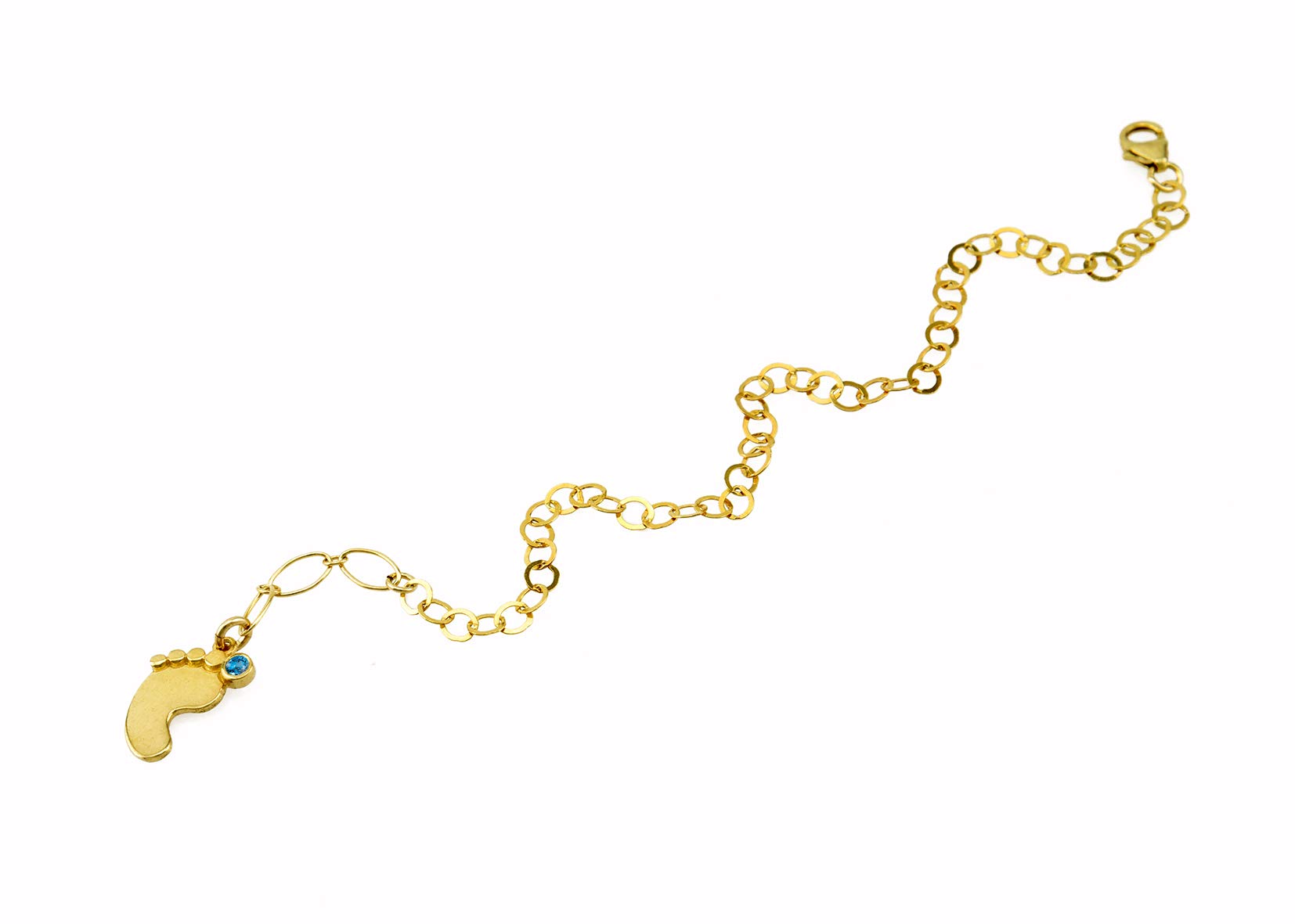 22K Gold Plated Sterling Silver Dangle Baby Foot Charm Bracelet with Light Blue Topaz CZ Gemstone - Perfect Baby Shower Gift, New Mom Present & Holiday Jewelry for Women - Ideal for Christenings, Mother's Day & Special Occasions