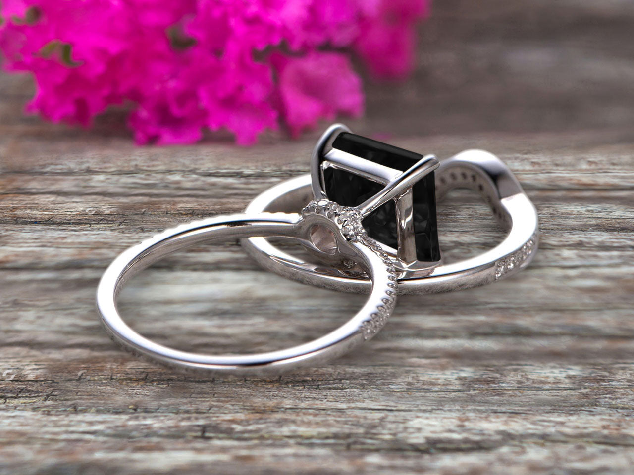 1.50 Carat Princess Cut Black Diamond Moissanite Wedding Ring Set - 10k White Gold Engagement & Bridal Set with Art Deco Curved Matching Band | Perfect for Proposals, Anniversaries & Special Occasions