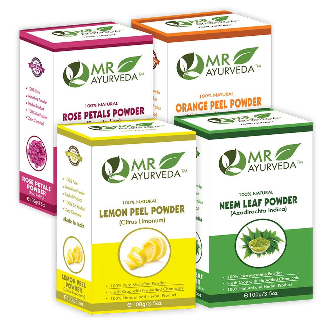 MR Ayurveda Organic Rose Petals Powder, Lemon Peel Powder, Neem Powder & Orange Peel Powder - 4 Pack (100g Each) for Skin Care, Hair Treatment & Natural Beauty Recipes