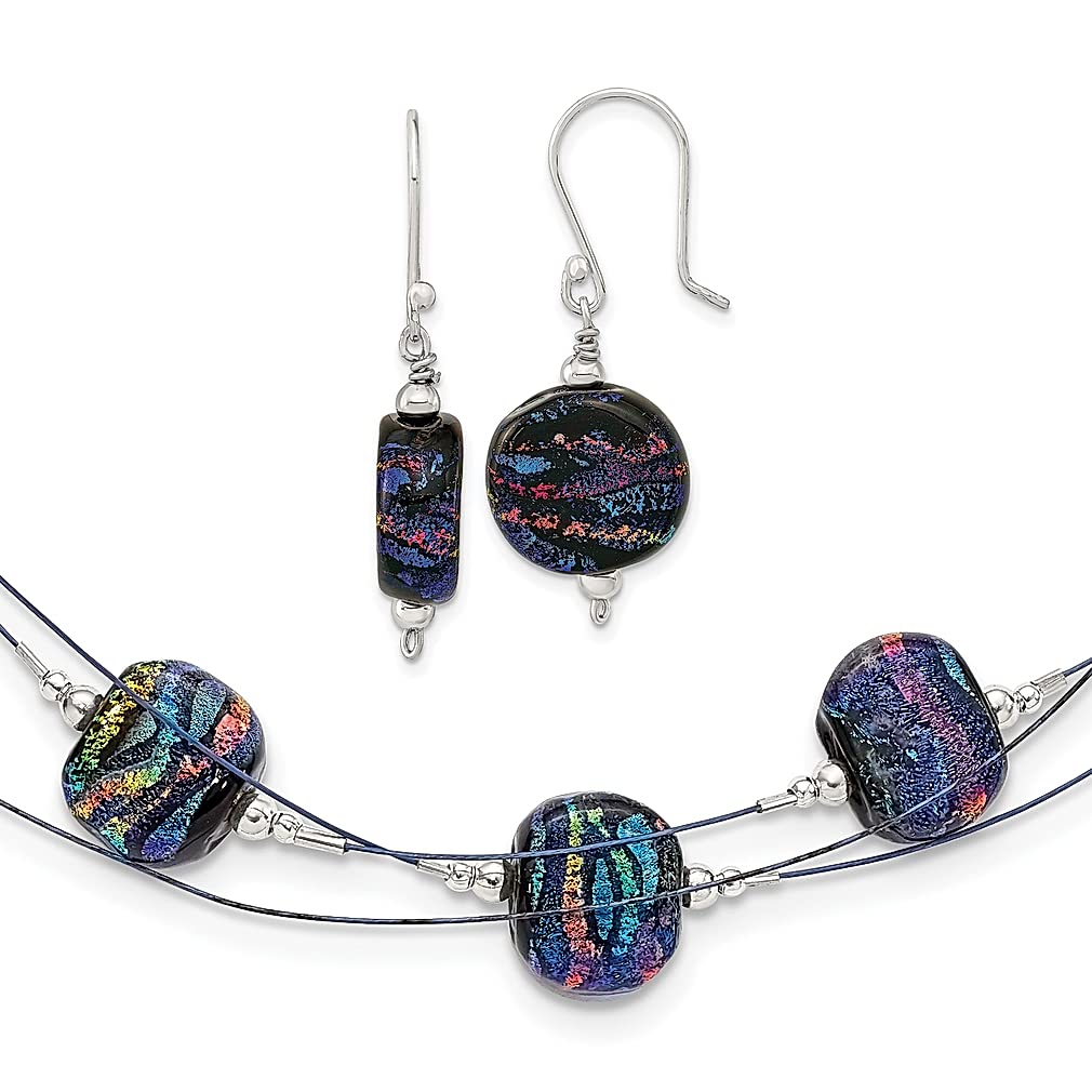925 Sterling Silver Blue Dichroic Glass Drop Dangle Earrings with 18
