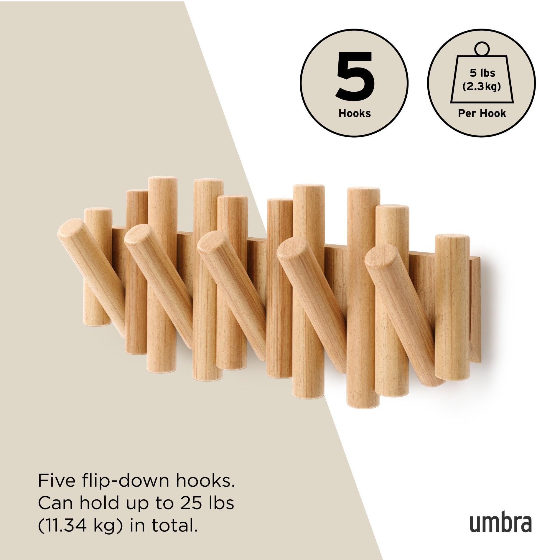 5-Pack Picket Wall Hooks - Heavy Duty Rustic Wooden Coat Hooks for Entryway, Bedroom, Bathroom & Mudroom Organization