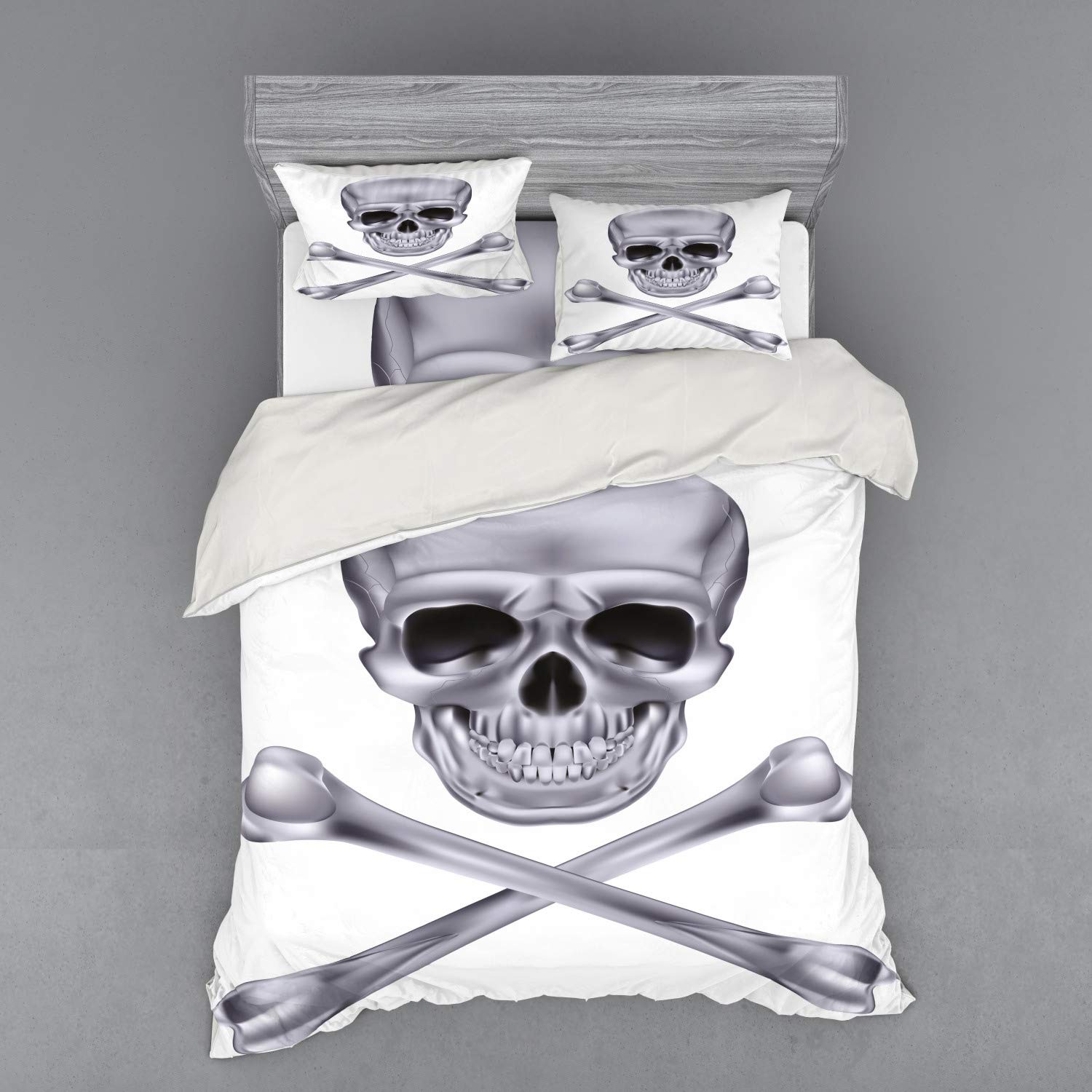 Ambesonne Grey Duvet Cover Set - Vivid Skull & Crossed Bones Halloween Bedding | 4-Piece Queen Size Set with Shams & Fitted Sheet | Gothic Decor for Spooky Bedroom, Horror Theme Party & Halloween Home Decor