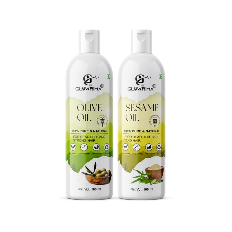 Glowrima 100% Pure Olive Oil & Sesame Oil Combo (100ML Each) - Natural Hair Growth Treatment for Anti Hair Fall, Split Ends Repair & Shiny Hair - Pack of 2 - Perfect for Daily Hair Care & Scalp Massage at Home
