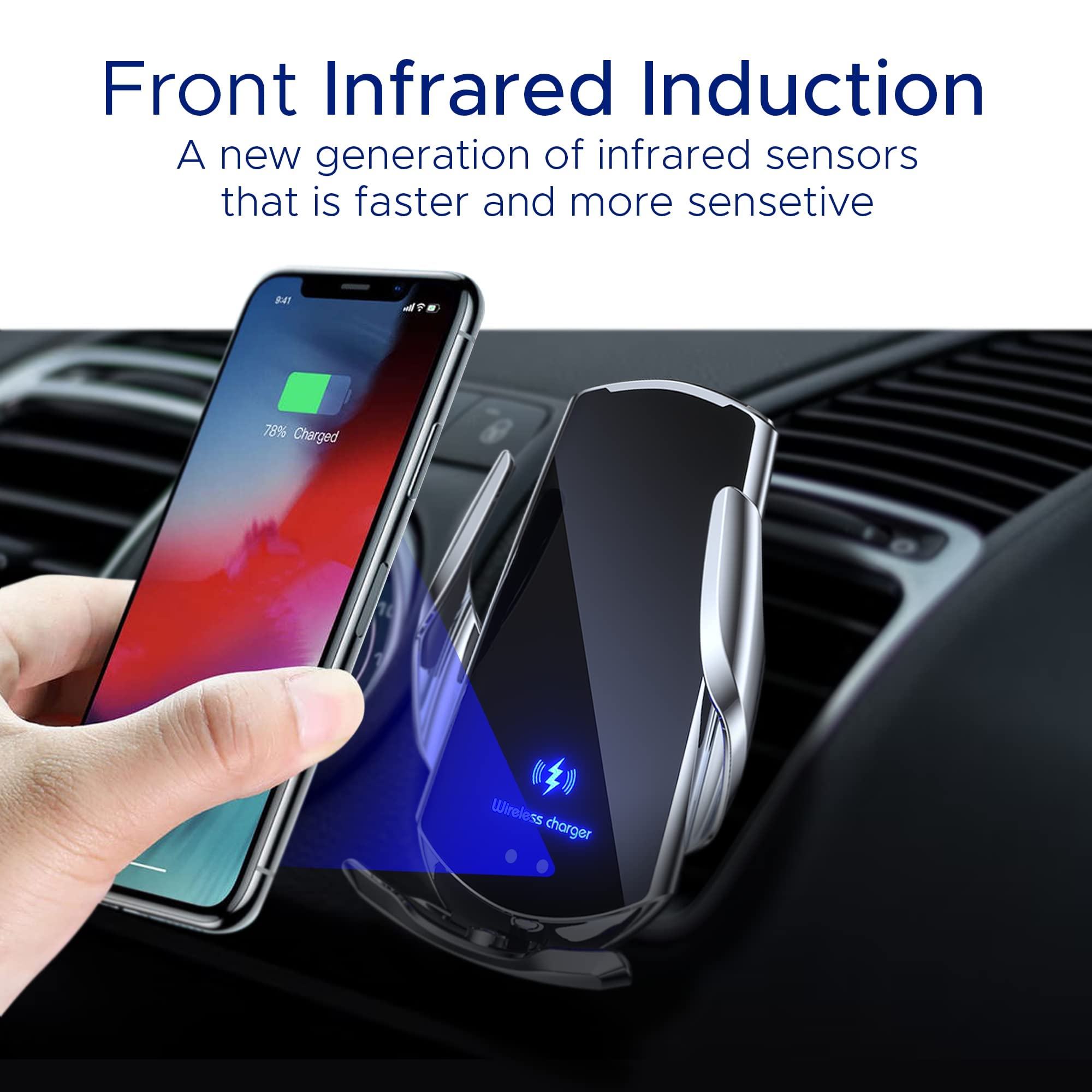 Fast Wireless Car Charger & Phone Holder - Auto Clamping & Rotating Qi-Compatible Mount for iPhone, Android Devices - Perfect for Commuting, Road Trips & Hands-Free Driving (Silver)