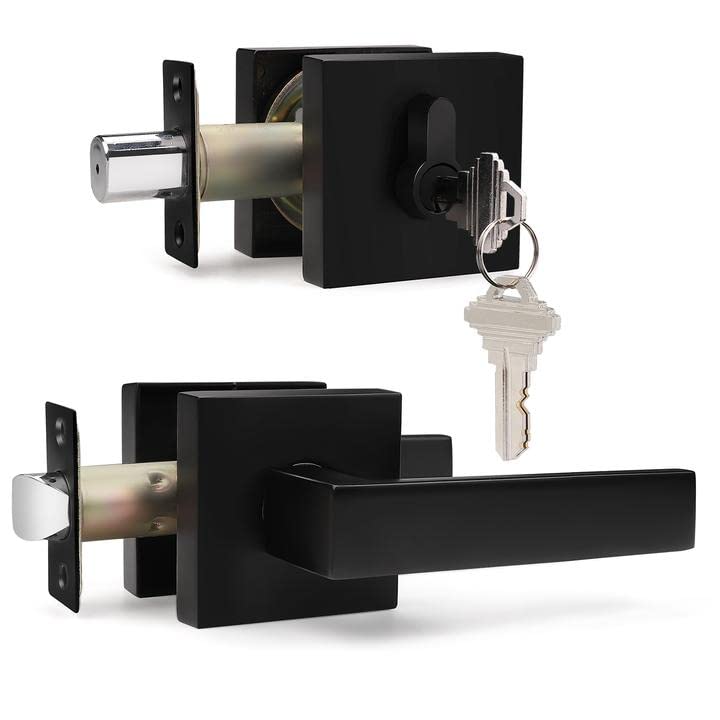 Probrico 5-Pack Flat Black Modern Square Exterior Door Lever Handleset with Single Cylinder Deadbolts Combo - Secure Entry Door Lock Set for Home, Office & Commercial Buildings | Ideal for Front Doors, Back Doors & Side Entrances