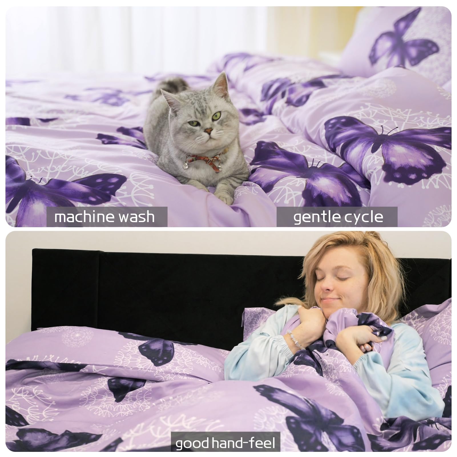 ARTALL 6-Piece Twin Size Bed in a Bag Set - Purple Butterfly All Season Comforter with Pillow Sham, Flat Sheet, Fitted Sheet, Bed Skirt & Pillowcases | Soft Microfiber Bedding for Kids Room, Guest Bedroom & Dorm Essentials