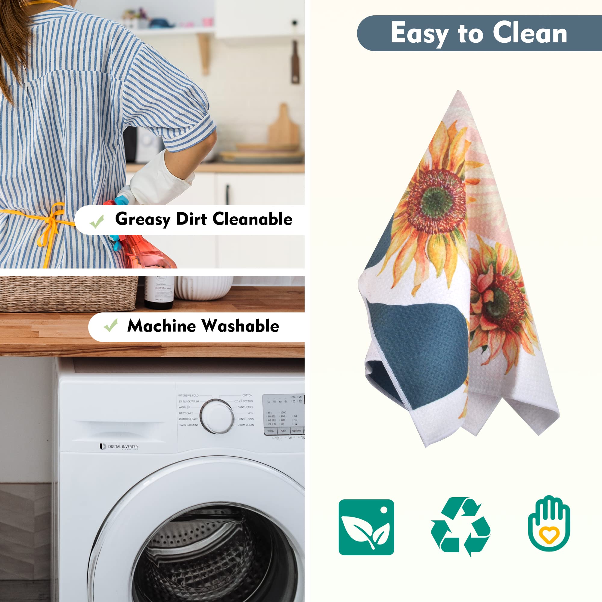 Rainleaf 4 Pack Absorbent Waffle Weave Kitchen Towels Set - Funny Saying Dishcloths, Decorative Hand Towels & Tea Towels for Cooking, Baking, Dish Drying - Sunflower Pattern Home Decor