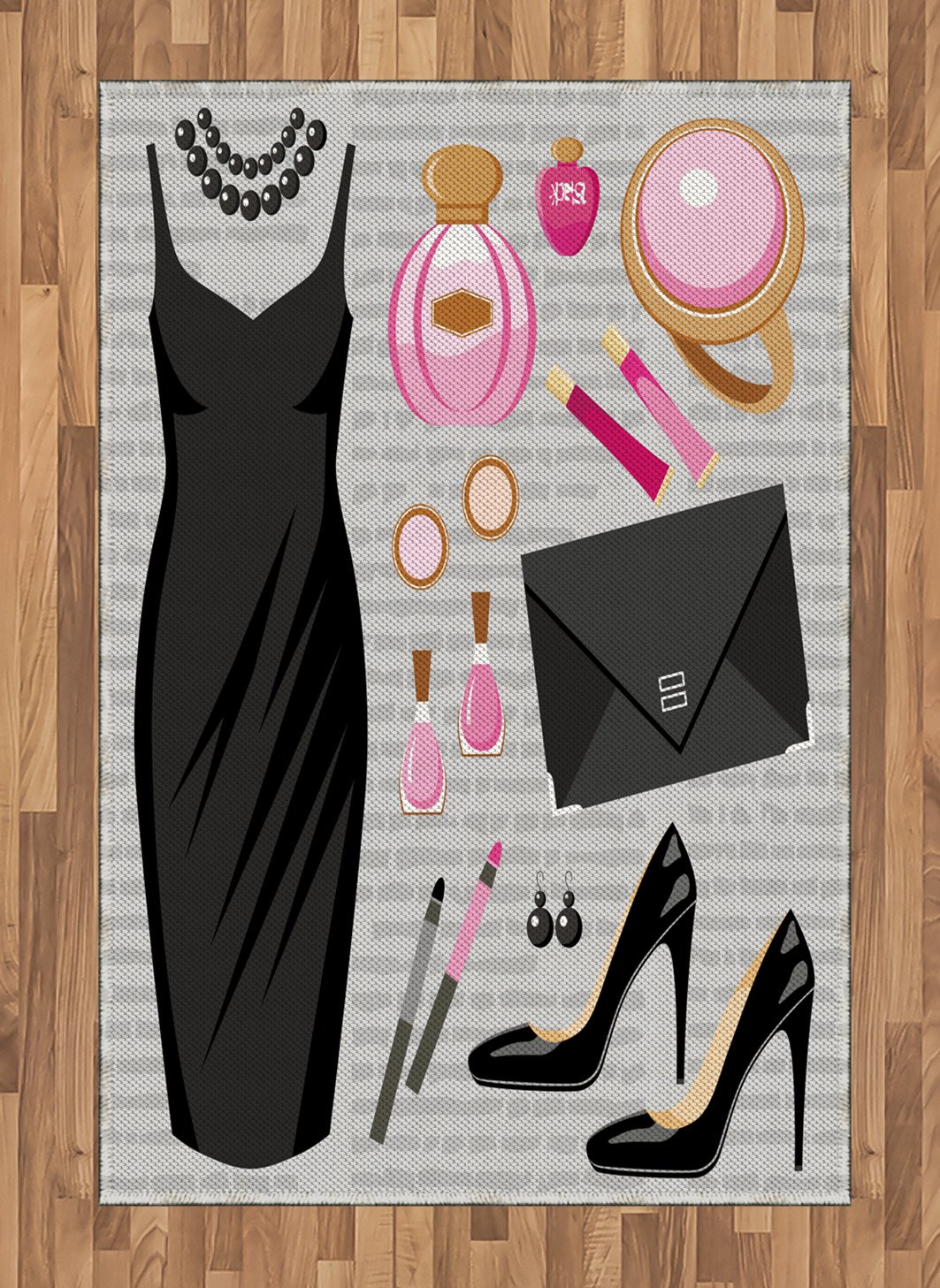 Ambesonne Fashion Area Rug - Black Cocktail Dress & Heels Design, Flat Woven Accent Rug for Living Room, Bedroom, Dining Room - 4' x 5.7' Brown Pink - Perfect for Dressing Rooms, Boutiques & Fashion-Themed Home Decor