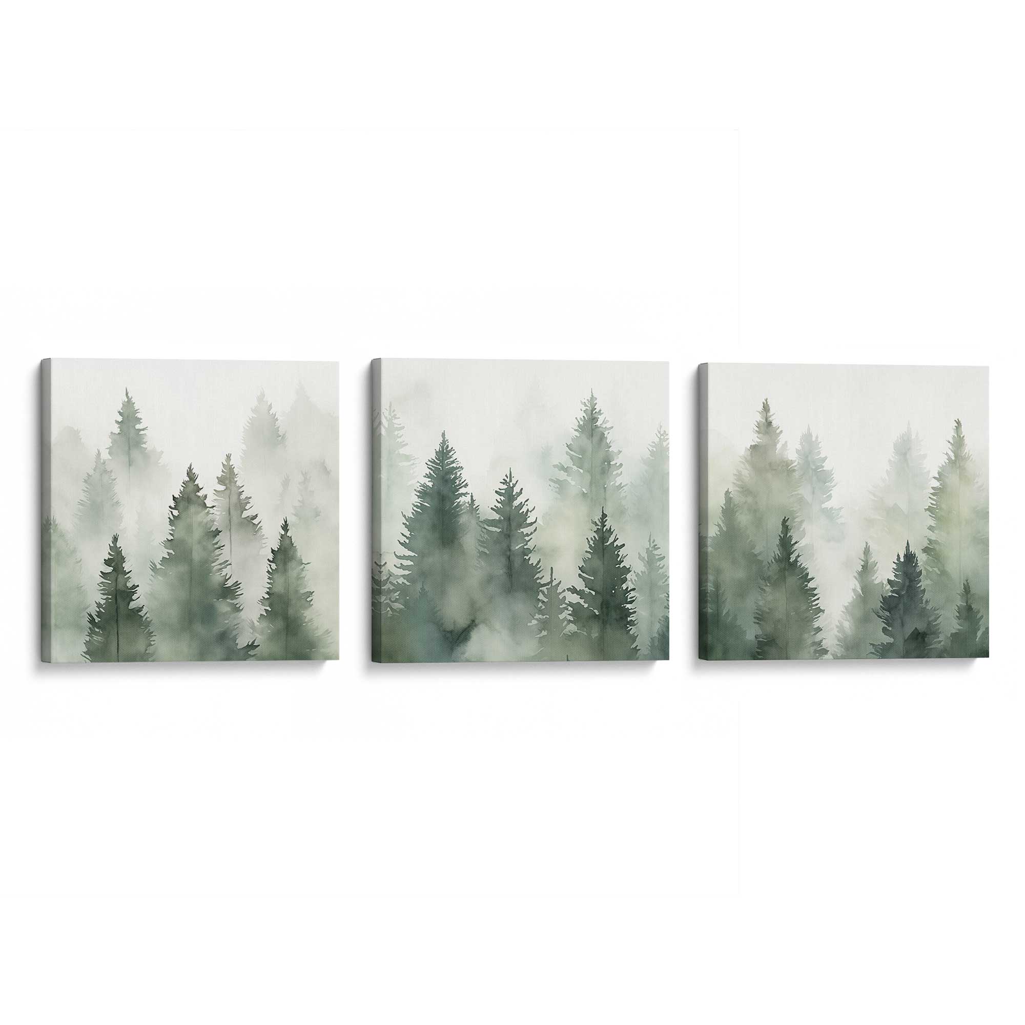 Green Haze Woodland Canvas Wall Art - Set of 3 Framed Prints for Living Room, Bedroom & Office Decor | Nature Landscape Painting | Ready to Hang