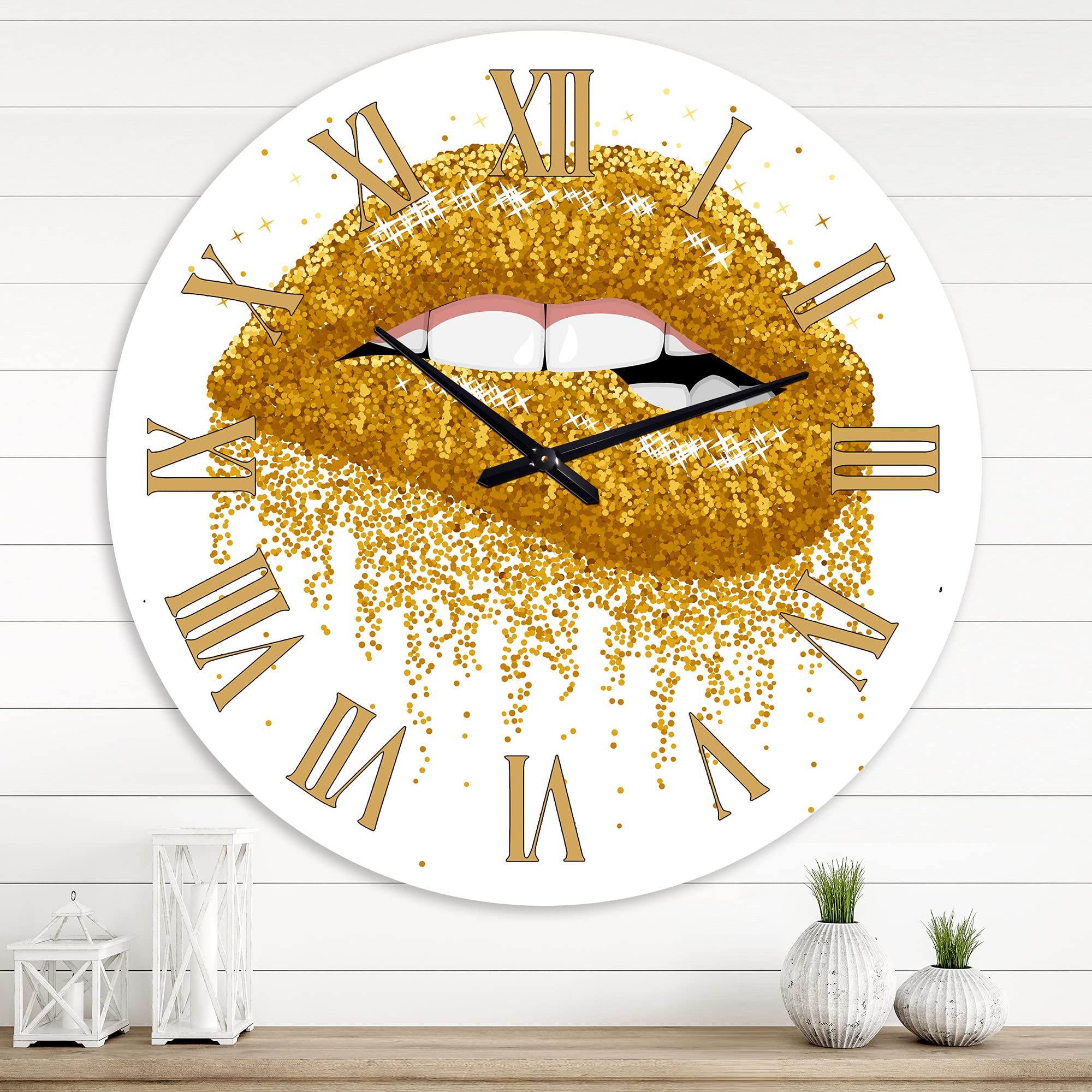 DesignQ Modern Wall Clock - Glitter Gold Sparkles Woman Lips Design - Large Decorative Clock for Bedroom, Living Room & Office - Perfect Home Decor Gift Idea