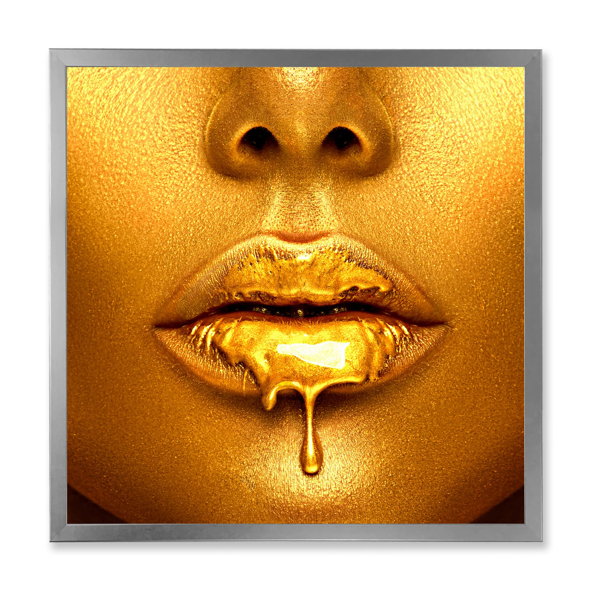 DesignQ Gold Paint Drips From Sexy Woman Lips Modern Framed Wall Art - Contemporary Home Decor for Living Room, Bedroom & Office