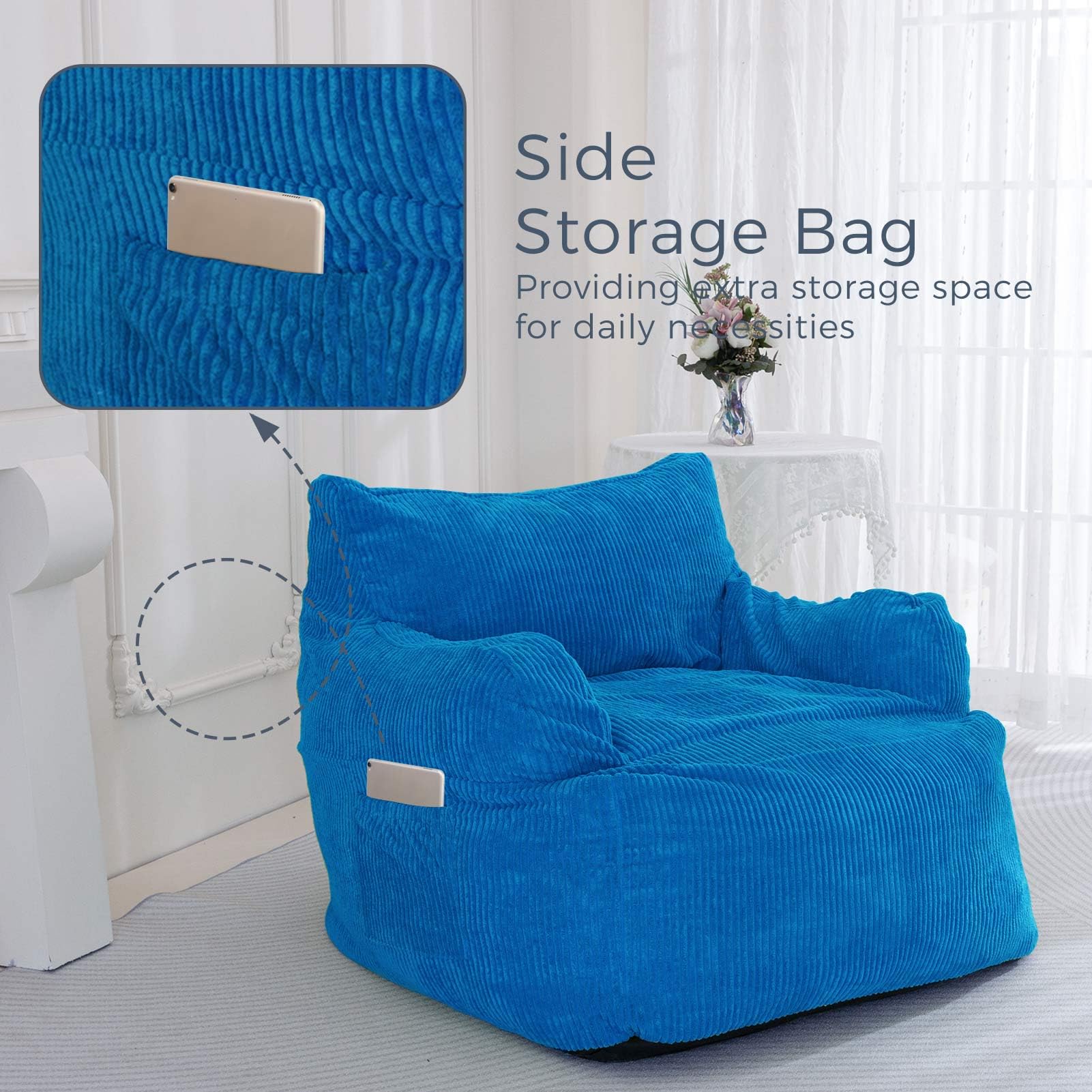 MAXYOYO Giant Bean Bag Chair with Armrests - Oversized Stuffed Bean Bag Couch for Living Room, Bedroom & Game Room - Soft Blue Lounge Chair for Teens & Adults - Perfect for Relaxing, Reading & Movie Nights