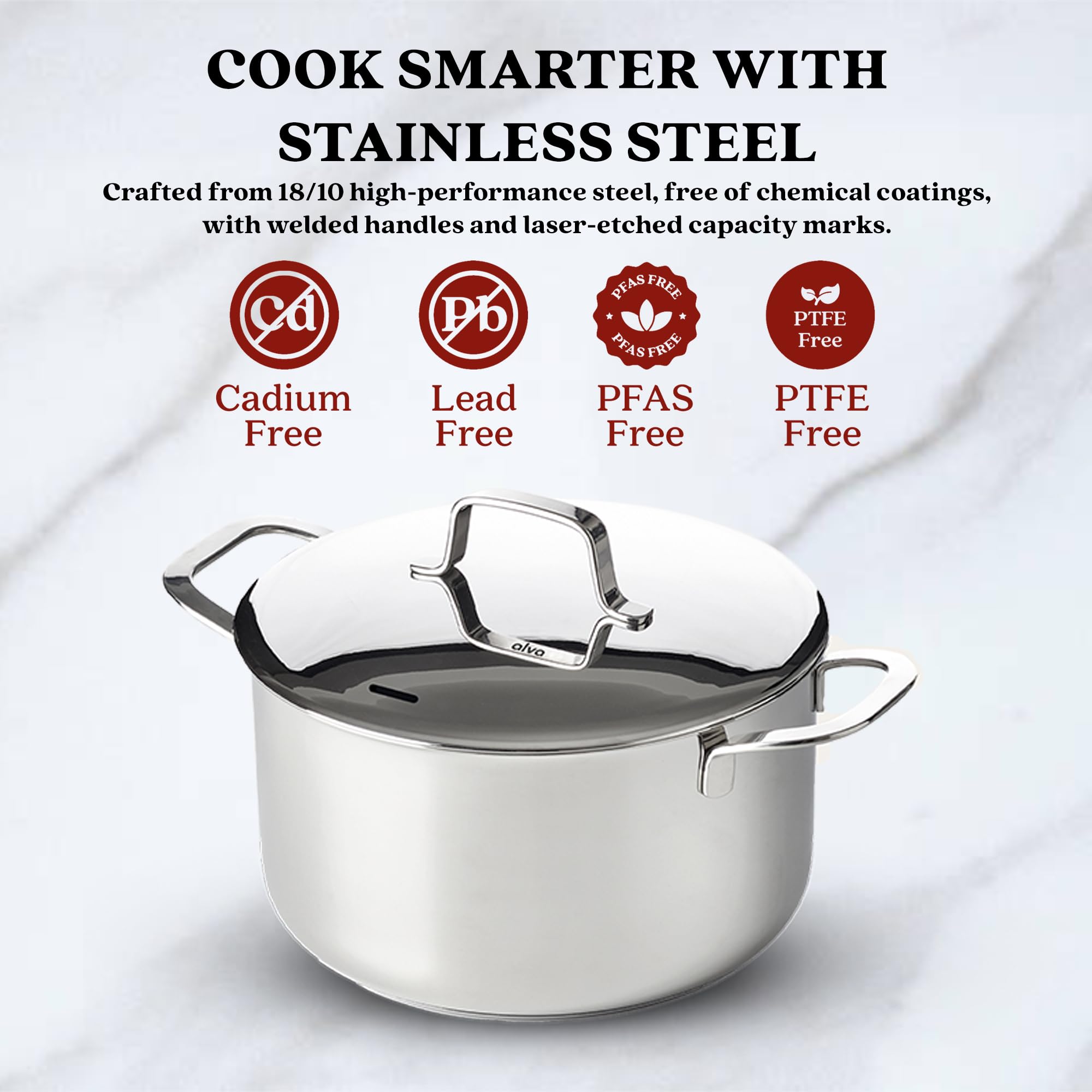 Alva Maestro 8 Qt Stainless Steel Stock Pot with Lid - 18/10 Professional Grade Non-Toxic Cooking Pot - PFAS/PFOA/PTFE Free - Induction & All Stovetop Compatible - Oven Safe - Perfect for Soups, Stews, Pasta & Large Family Meals