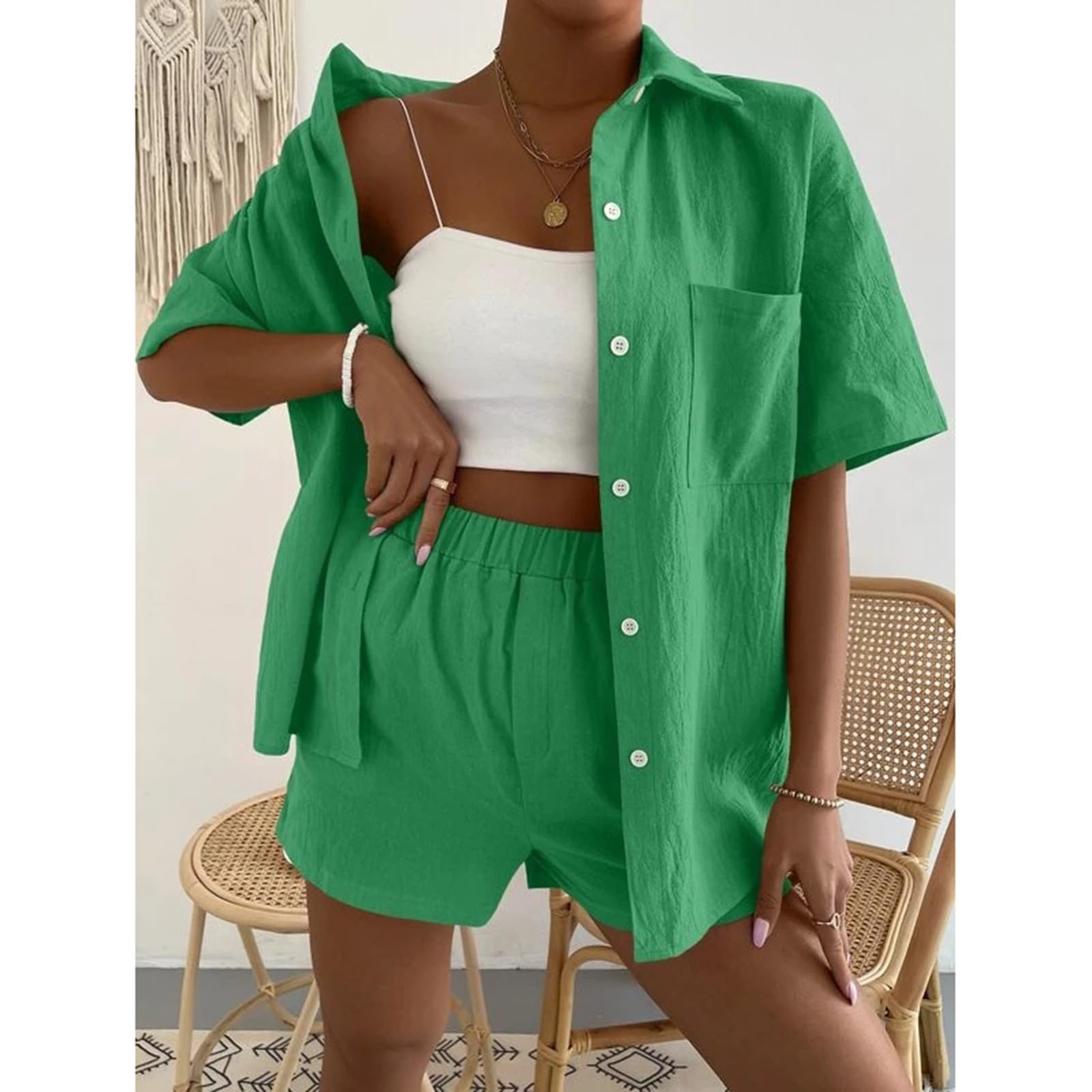 Women's 2-Piece Cotton Linen Outfit Set - Button Down Shirt with Shorts | Comfortable Lounge Wear, Beach Vacation & Travel Clothes for Summer