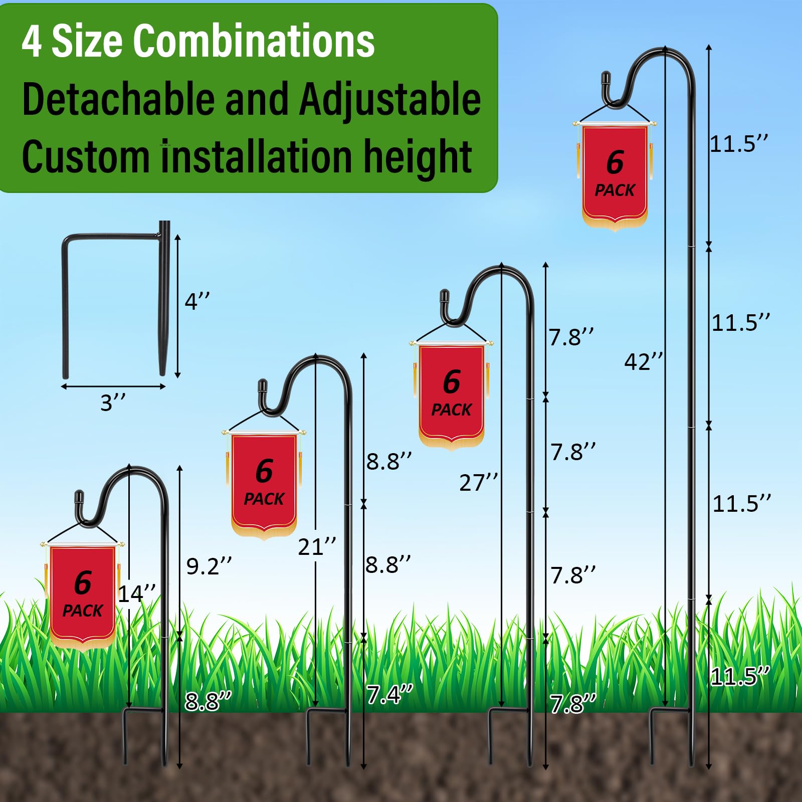 Hicarer 24 Pack Adjustable Shepherd Hooks for Outdoor - 18/25/32/46 Inch Garden Hooks for Hanging Plants, Solar Lights, Bird Feeders, Lanterns & Wedding Decor - Perfect for Patio, Yard, and Garden Decorations