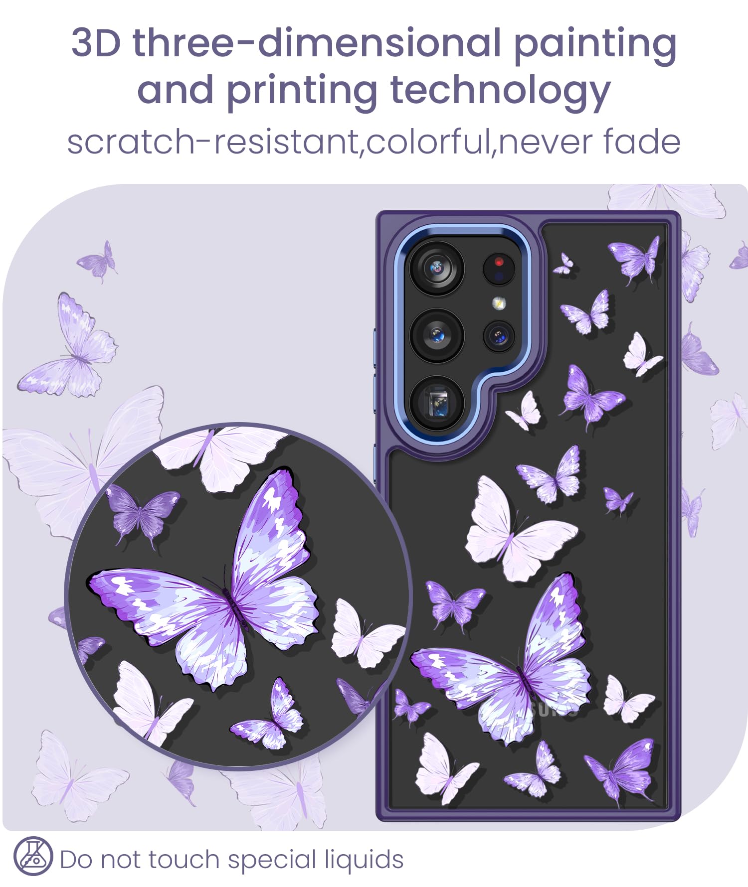 Samsung Galaxy S24 Ultra 5G Case with Tempered Glass Screen Protector - Military Grade Protective Slim TPU & Hard PC Cover - Crystal Clear Purple Butterfly Flower Design for Women - Perfect for Everyday Use, Work & Travel Protection