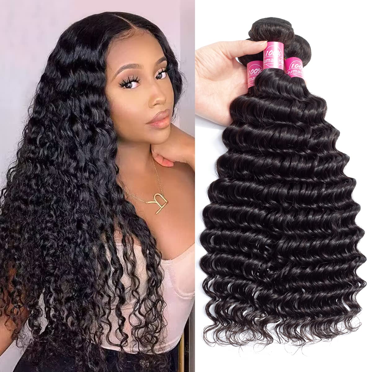 10A Brazilian Virgin Human Hair Bundles 18 20 22 Inch - Unprocessed Deep Wave 3 Bundles with Double Strong Weft for Natural Curly Look | Perfect for Protective Styles, Weaves, Wigs & Hair Extensions