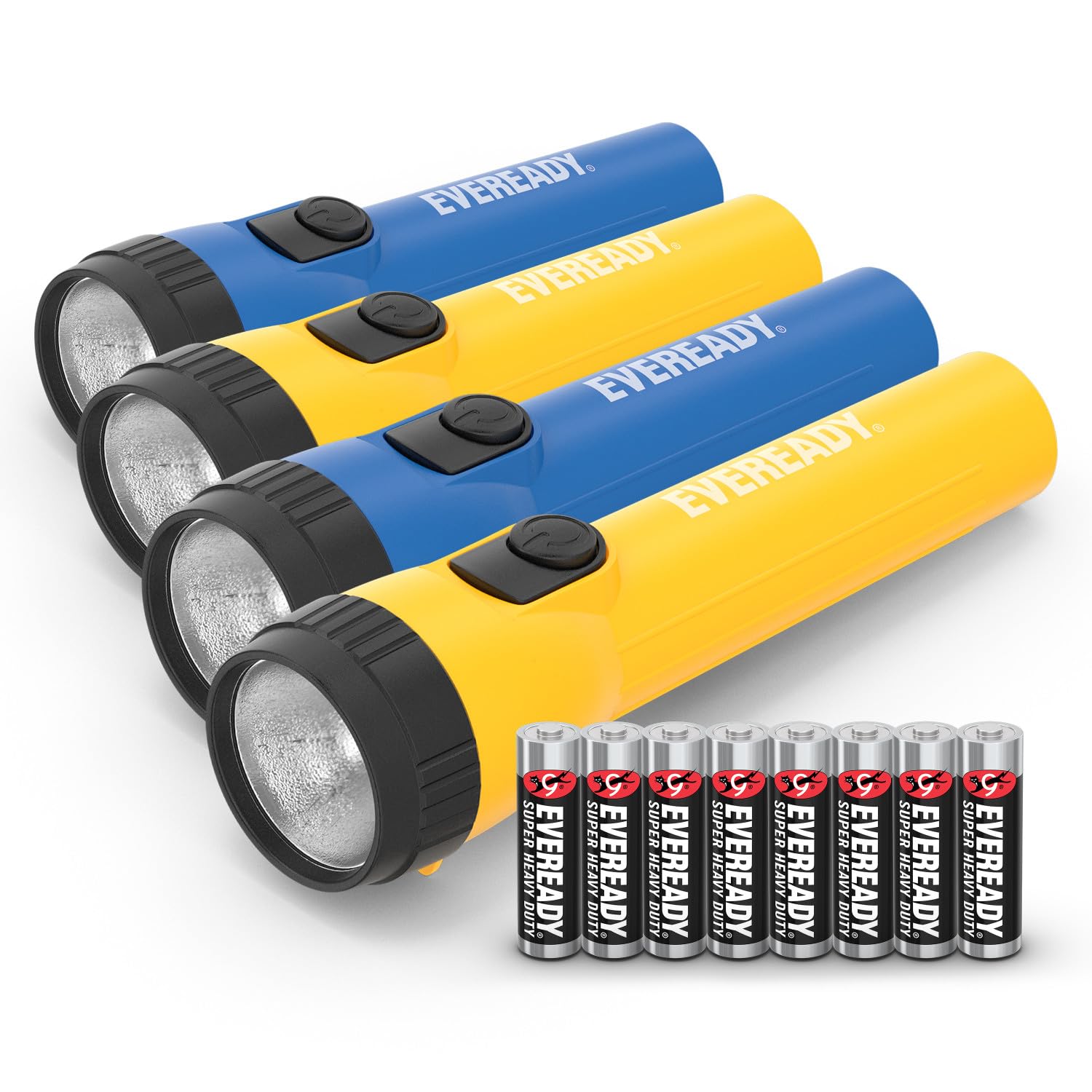 EVEREADY LED Flashlights 4-Pack - 300 Lumens Bright Flashlight for Emergency, Camping, Hiking & Power Outages - Water-Resistant with AA Batteries Included (Blue/Yellow) - Perfect for Home Safety Kits, Car Emergency Kits & Outdoor Adventures