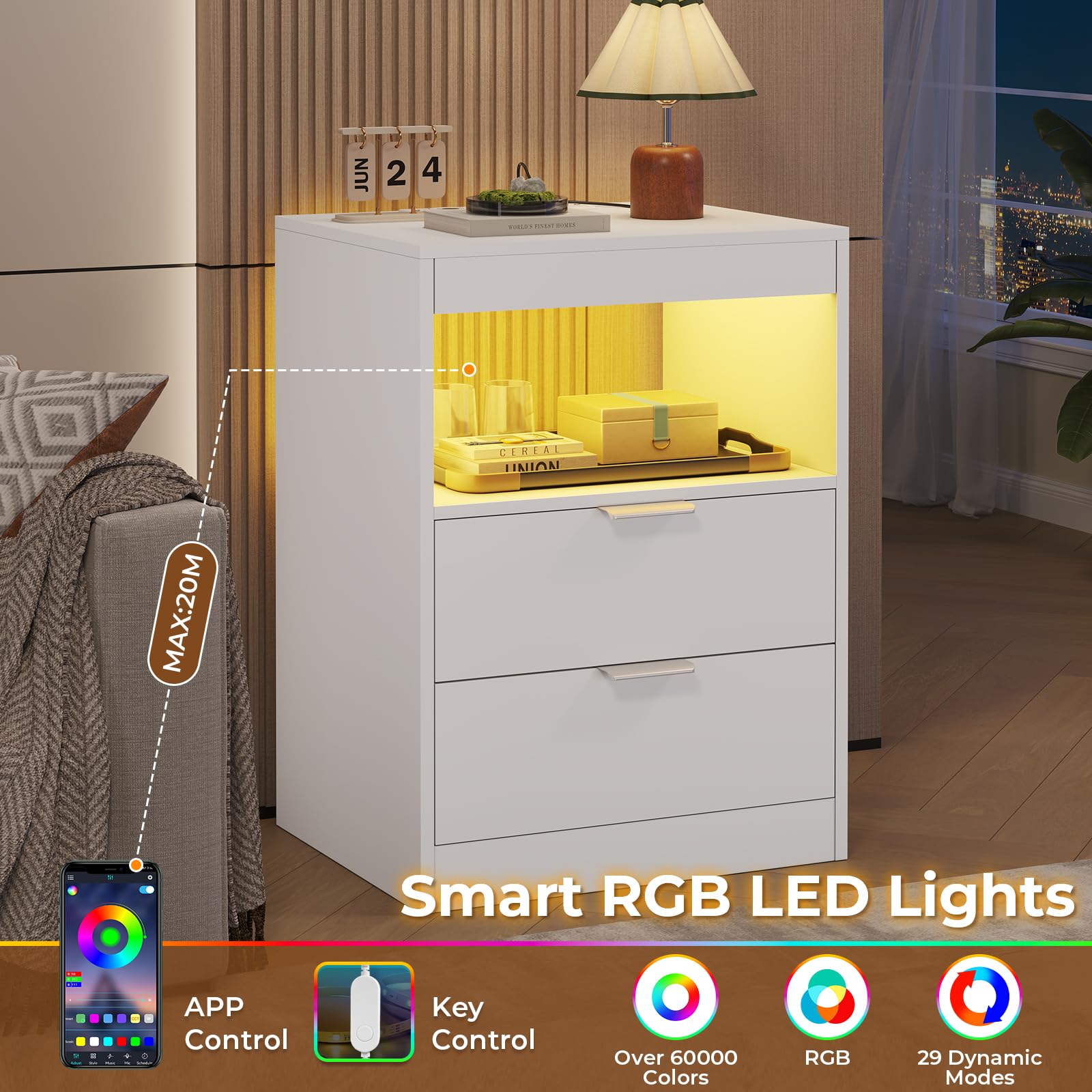 ADORNEVE Modern LED Nightstand with Wireless Charging - White Wooden Bedside Table with 2 Drawers & Pull-Out Shelf, USB Ports & Touch Control Lights - Perfect for Bedroom, Living Room & Small Spaces