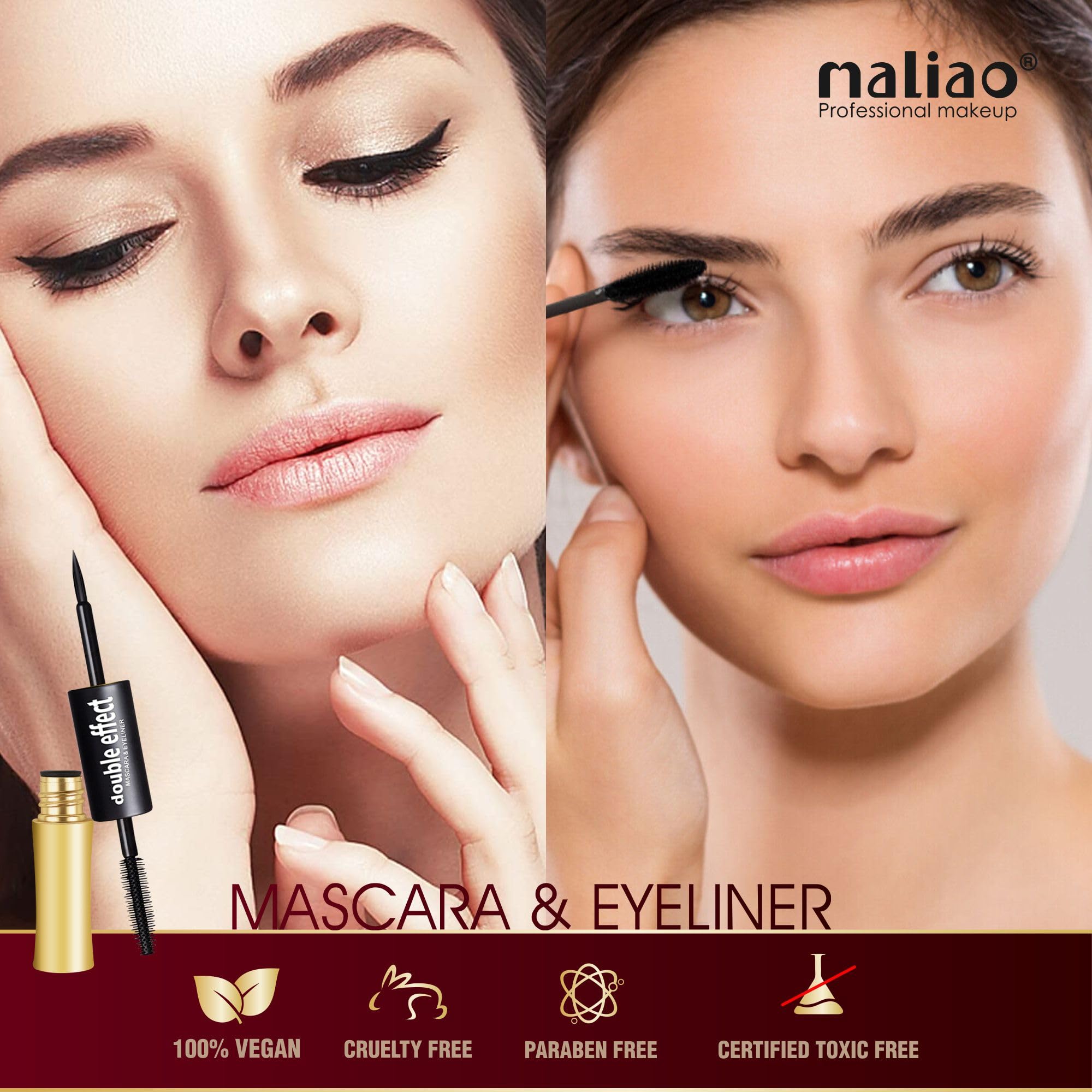 Maliao Double Effect Waterproof Mascara & Eyeliner - Long-Lasting, Smudge-Proof Volumizing & Lengthening Mascara with Precise Eyeliner Application for Bold, Defined Lashes (10ml) | Perfect for Day to Night Makeup, Parties & Special Occasions