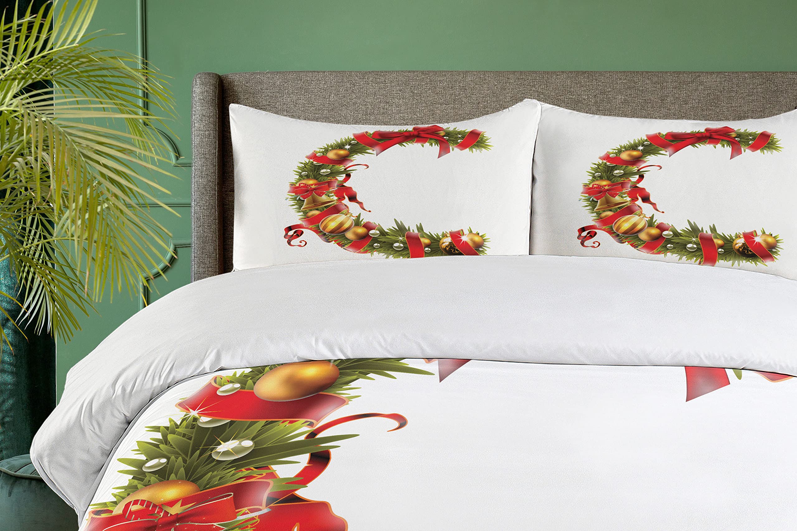 Ambesonne Christmas Alphabet Duvet Cover Set - Tree Branches Forming Letter C with Ribbon & Baubles, 3-Piece Queen Size Bedding Set with 2 Pillow Shams in Pearl & Olive Green | Holiday Home Decor for Bedroom, Festive Seasonal Gift Idea