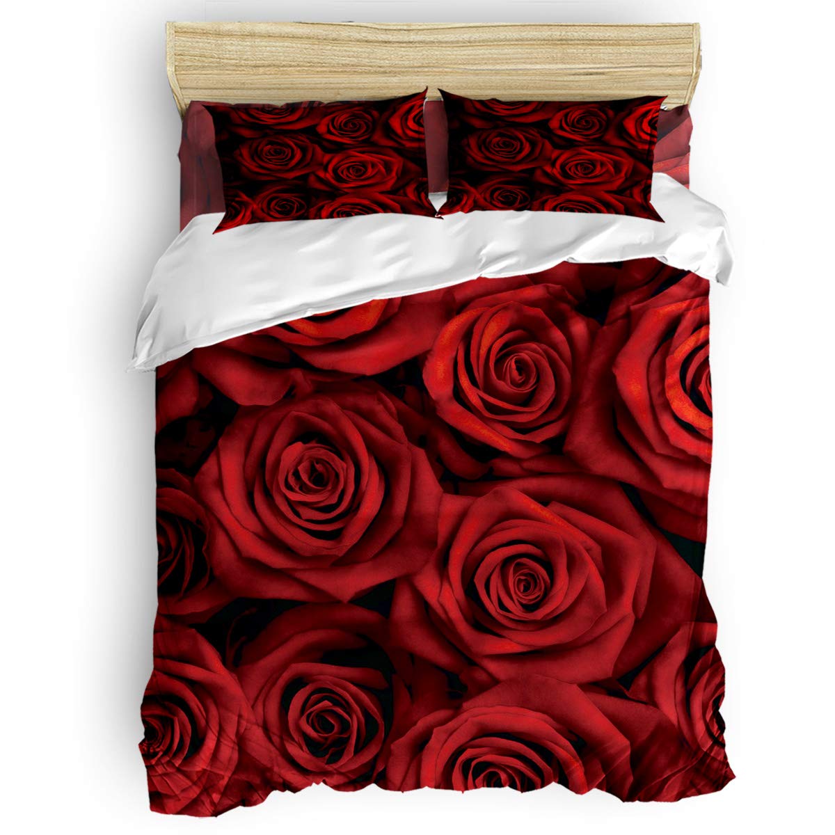 4-Piece Floral Microfiber Duvet Cover Set - Full Size Ultra Soft Queen Bedding with Zipper Closure & Corner Ties, Red Roses Design for Cozy Bedroom Decor