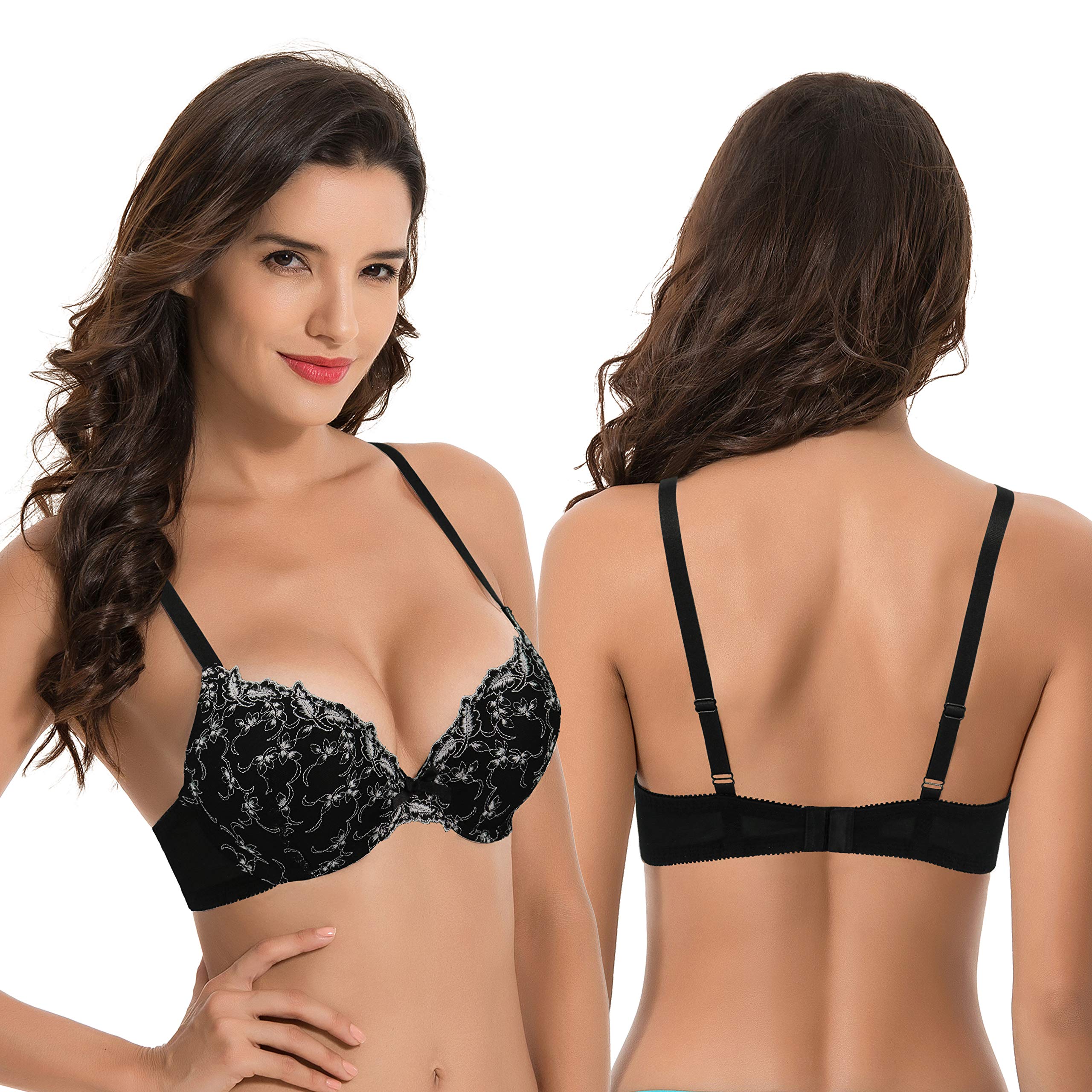 Curve Muse Women's Plus Size Push Up Bra - 1 Cup Enhancement Underwire Lace Embroidery Bras for Everyday Wear & Special Occasions