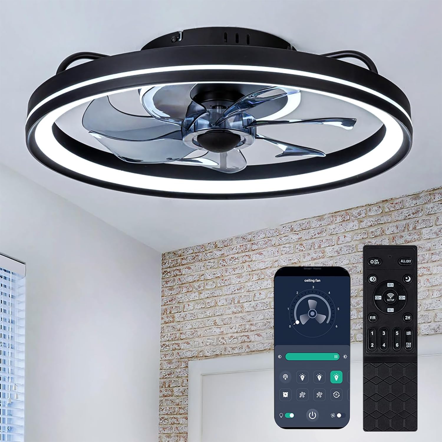 Low Profile Ceiling Fan with Lights and Remote Control - 18.9 Inch Modern Flush Mount Dimmable LED Fan Light - Quiet Bedroom Ceiling Fan for Home, Office, Nursery (Black Frosted Ring) - Perfect for Small Spaces and Energy-Efficient Cooling