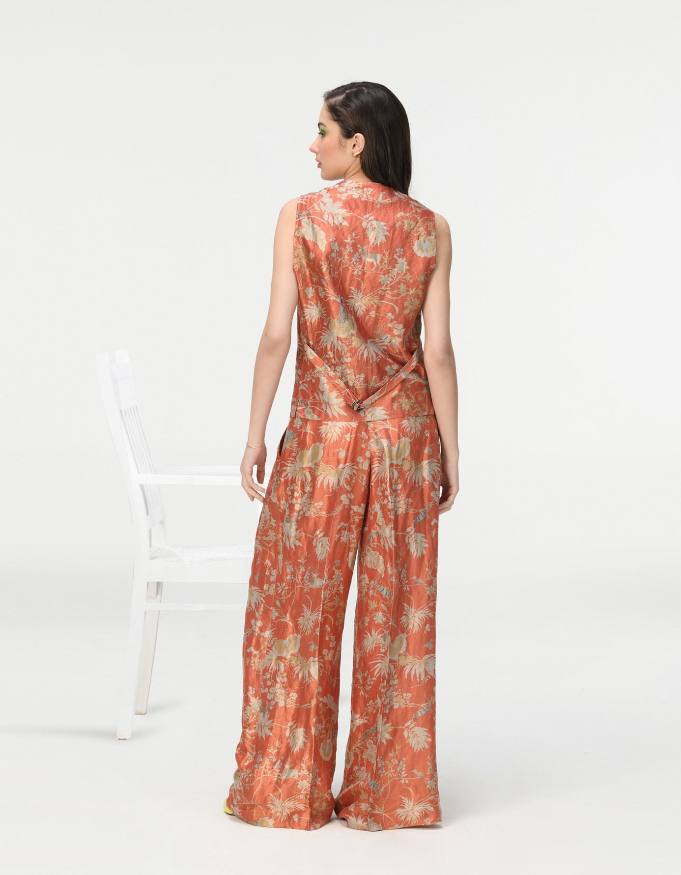 Elegant Silk Brocade Vest Coat with Coral Design - Perfect for Weddings, Parties & Special Occasions