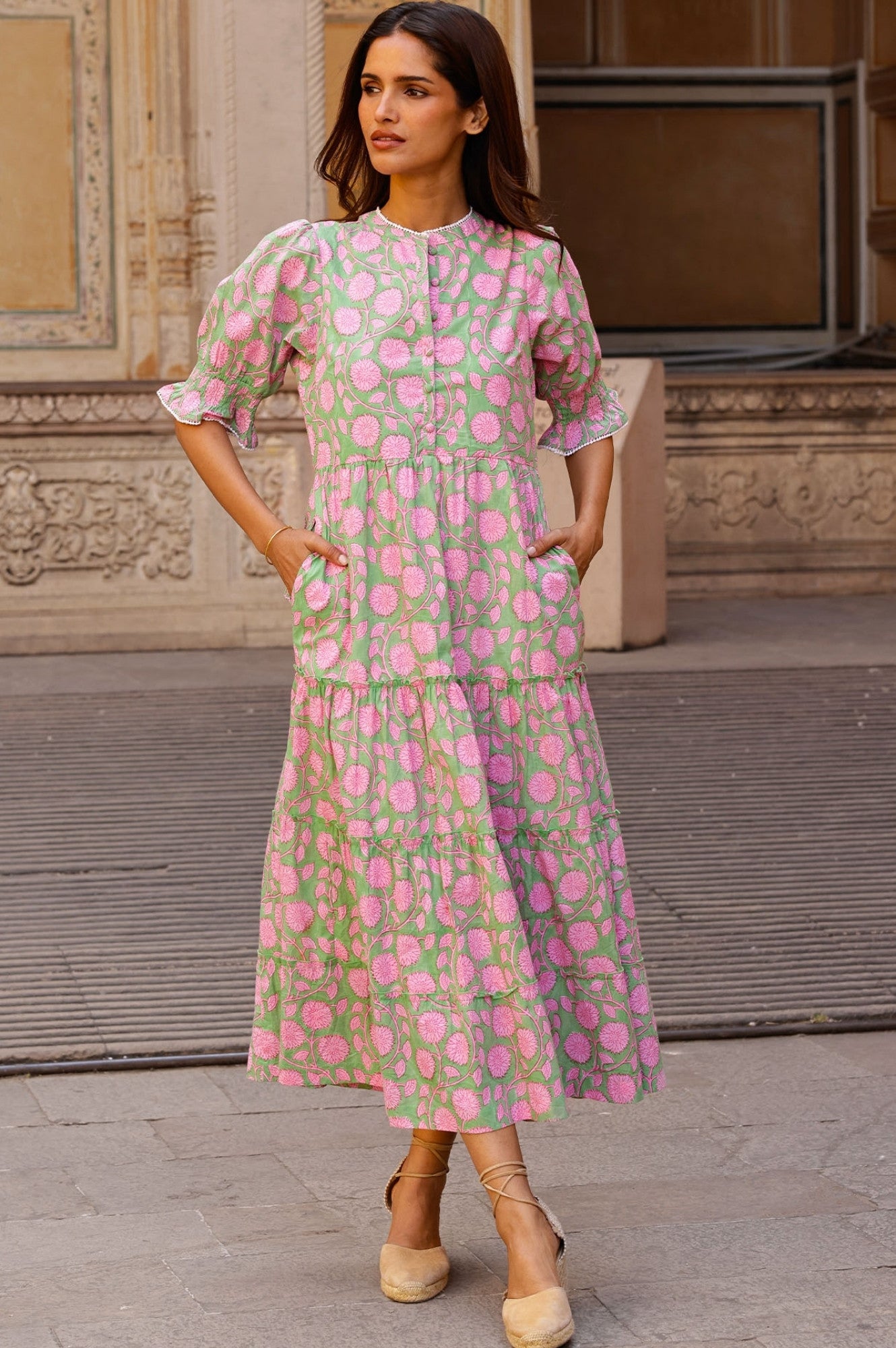 Organic Cotton Block Print Dress - Cordelia | Mara Green & Pink | Boho Chic Summer Dress for Beach, Vacation & Casual Wear