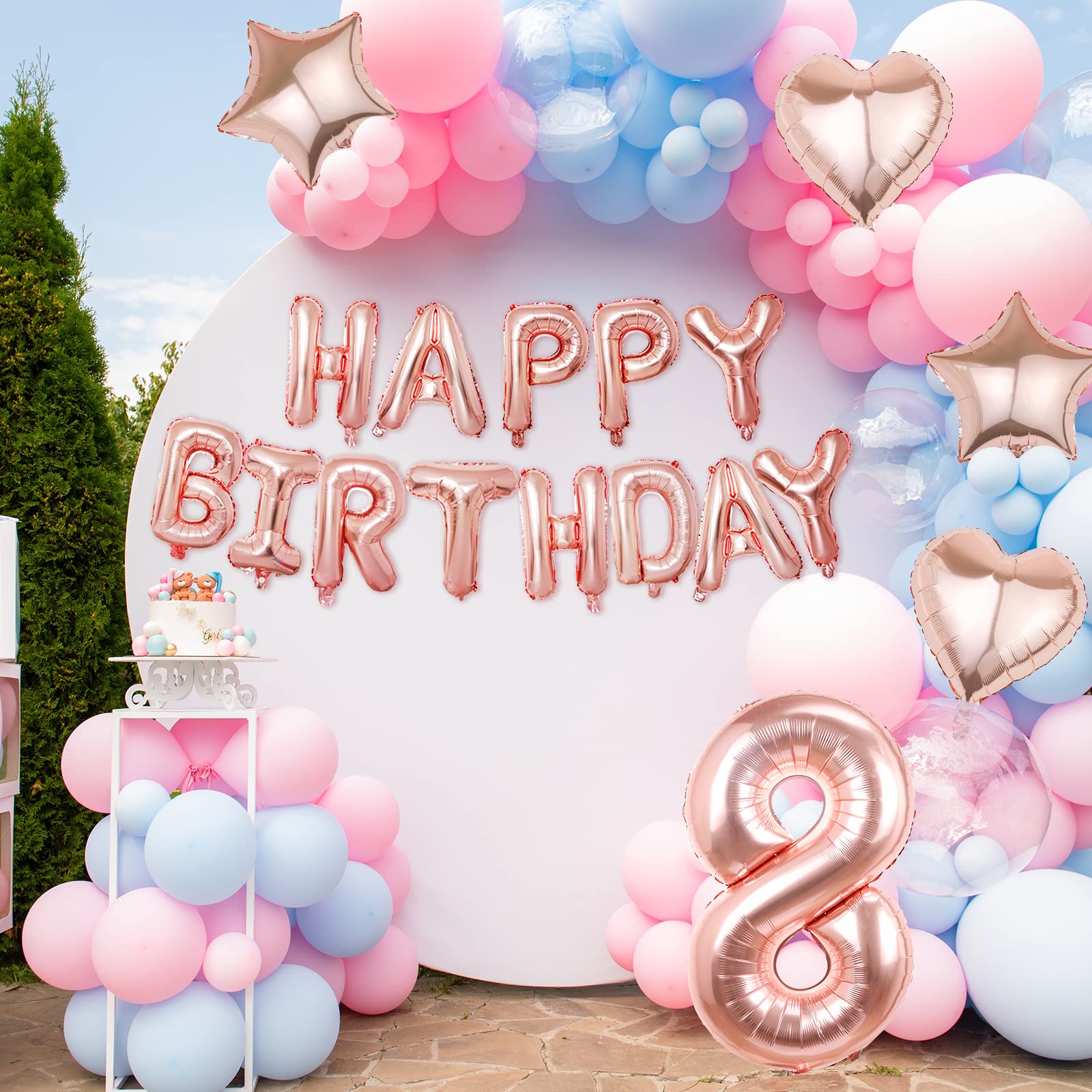 Rose Gold Happy Birthday Balloons Banner - 16 Inch Mylar Foil Number 8 Balloons for 8th Birthday Party Decorations | Perfect for Kids Birthday Parties, Baby Showers & Anniversary Celebrations