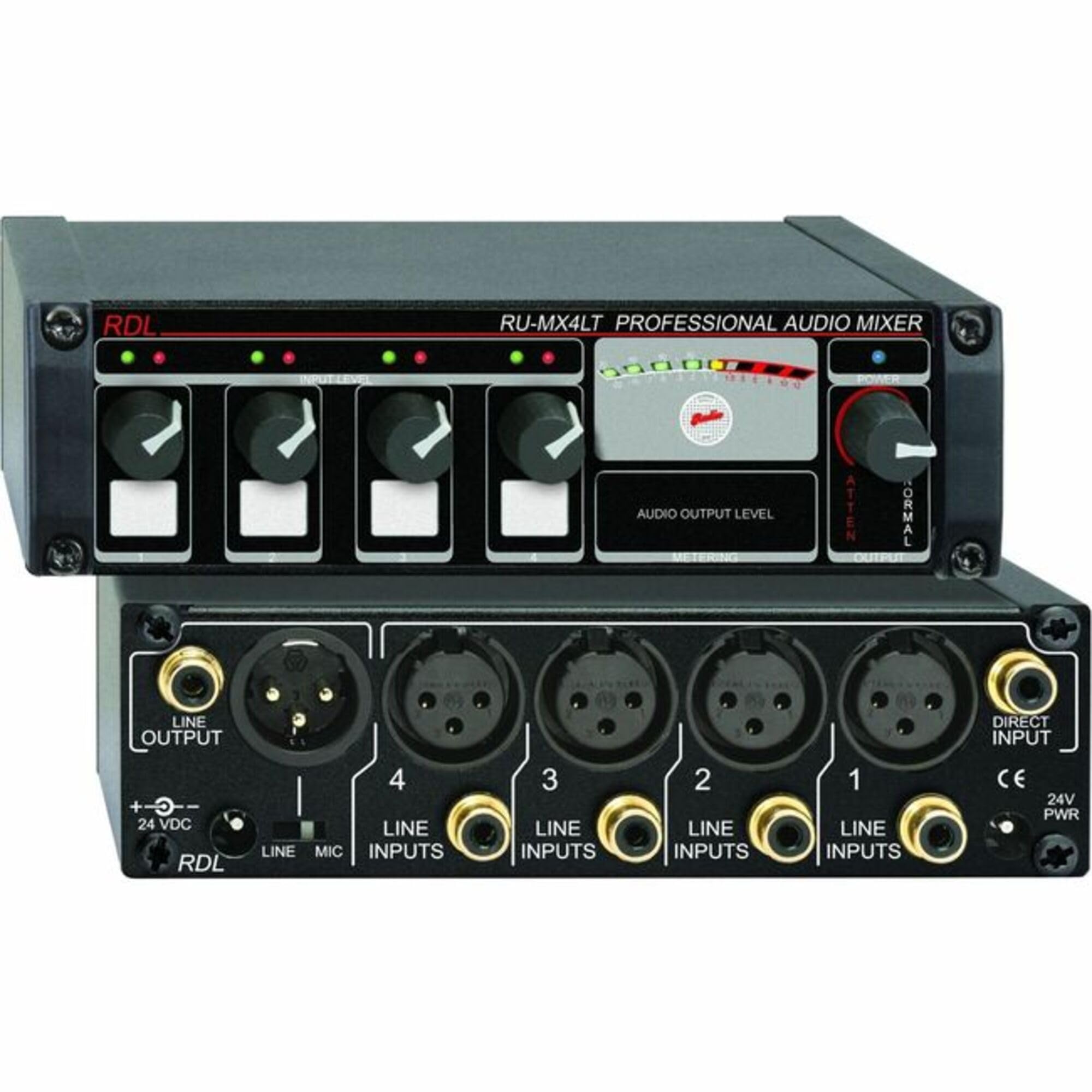 RDL RU-MX4LT 4-Channel Audio Mixer with Output Isolation Transformer | XLR Mic/Line Output | Switchable Power Supply Included | Perfect for Live Sound, Studio Recording & Podcasting