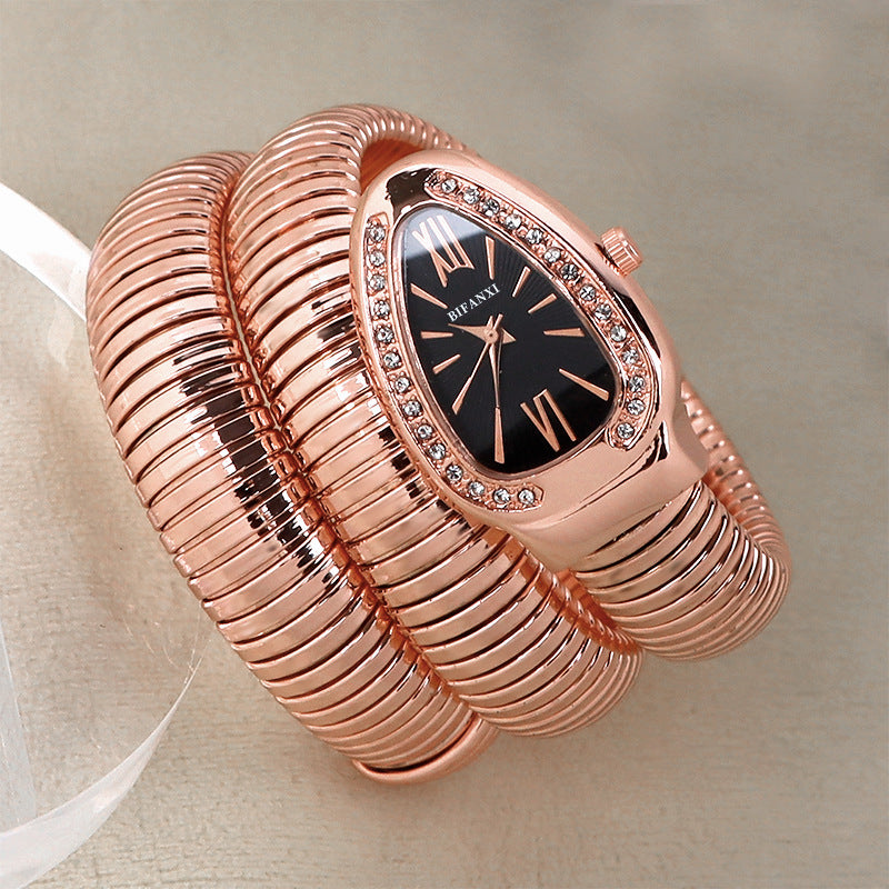 Stylish Women's Quartz Snake Bracelet Watch - Elegant Gold-Tone Stainless Steel Band with Rhinestone Accents - Perfect for Casual Wear, Office & Evening Events