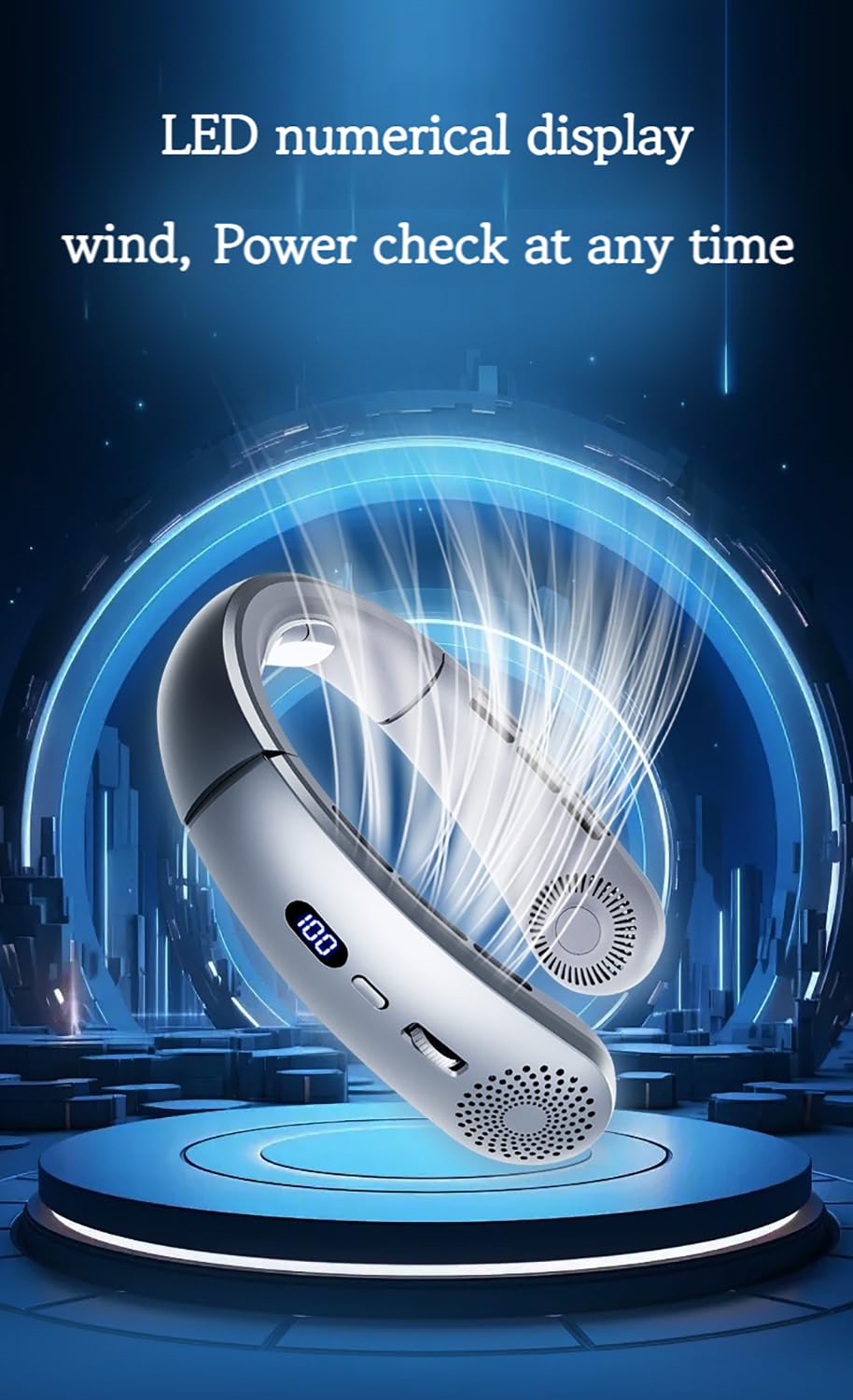 Portable USB Rechargeable Neck Fan - Hands-Free Bladeless Personal Fan with 1-100 Speed Settings, Ultra Quiet Wearable Cooling Fan for Office, Gym, Travel, Hiking - Adjustable Left/Right Angles - Perfect Gift for Men & Women (Blue)