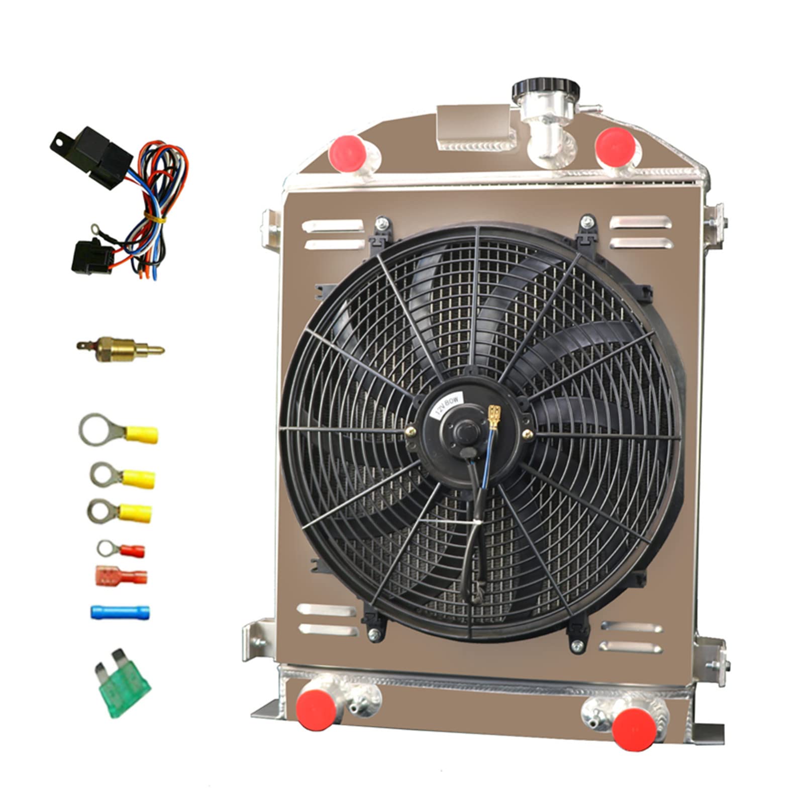 1930-1932 Ford Flathead V8 4-Row Aluminum Radiator - Stock Height Replacement with Shroud & Fan Relay Kit - Perfect for Classic Car Restoration & Hot Rod Upgrades