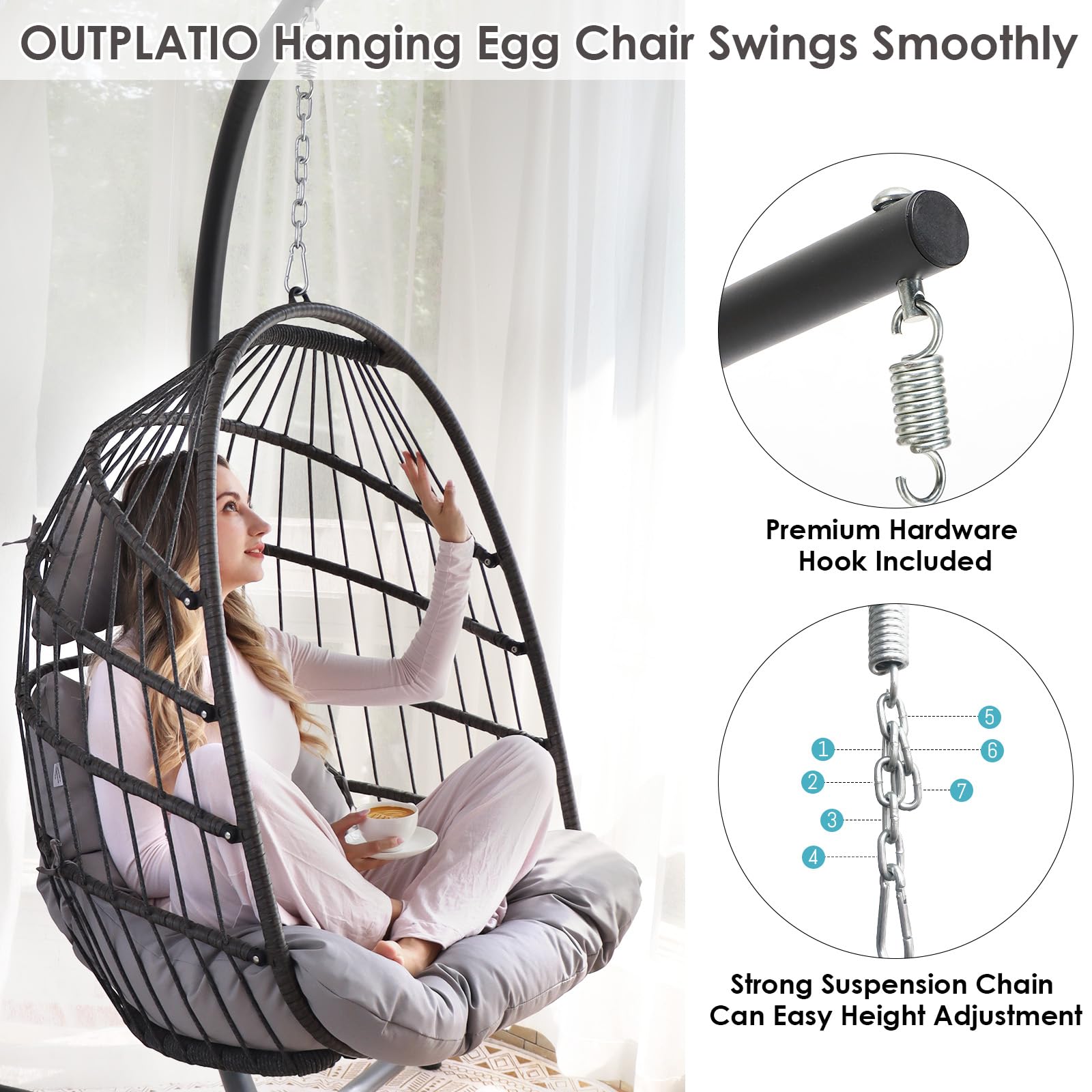 Premium Outdoor Hanging Egg Chair with Stand - Waterproof Cushions & PE Rattan Wicker - Foldable Swing Chair for Patio, Garden, Balcony - Indoor/Outdoor Use - 350lbs Capacity (Light Grey) - Perfect for Relaxing, Reading & Lounging in Your Backyard or Living Room