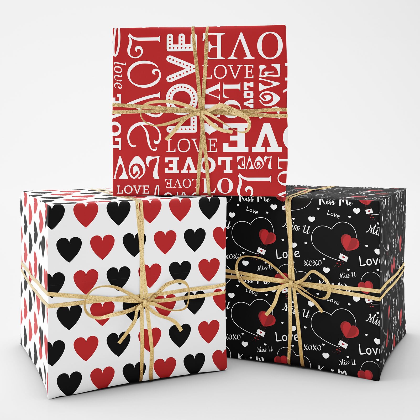 Whaline 12 Sheet Valentine's Day Wrapping Paper - Heart Love Plaid Design, Black Red Gift Wrap Paper Bulk for DIY Crafts, Wedding, Anniversary, Party, Gift Packing Supplies (19.7x27.6 Inch) - Perfect for Christmas, Birthday, Romantic Surprises & Special Occasions