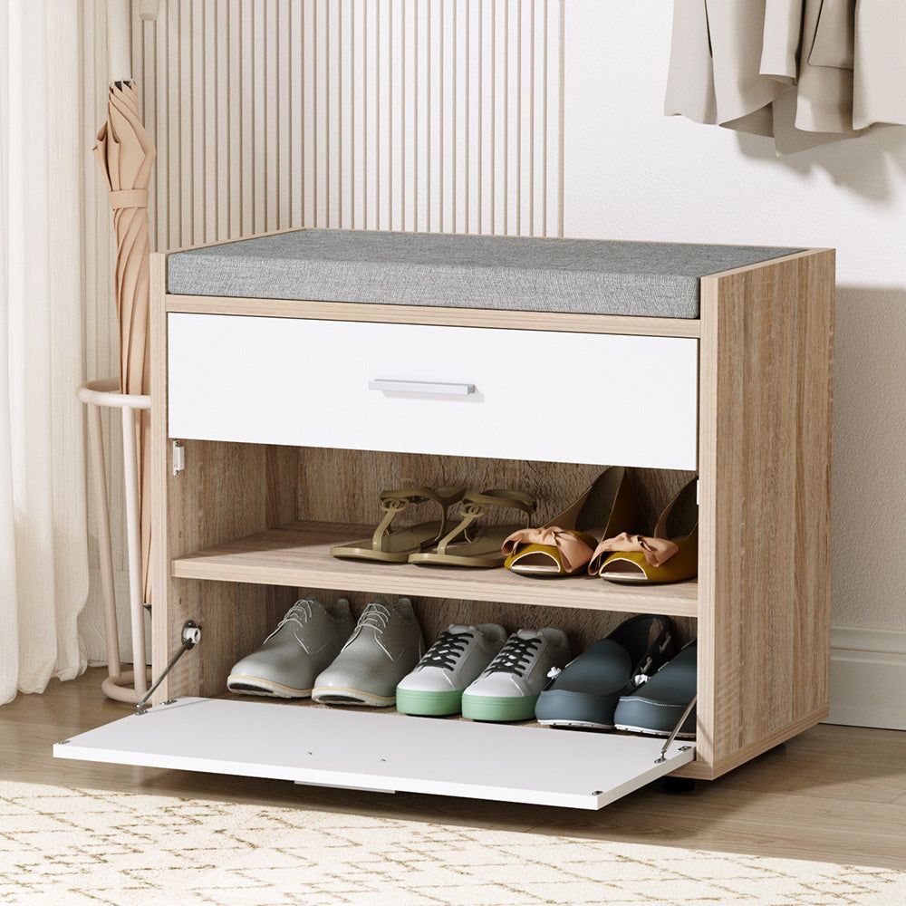 Artiss Shoe Cabinet Bench - Wooden Shoe Storage Organizer with Fabric Seat, Holds Up to 8 Pairs of Shoes - Perfect for Entryway, Mudroom, and Bedroom Organization