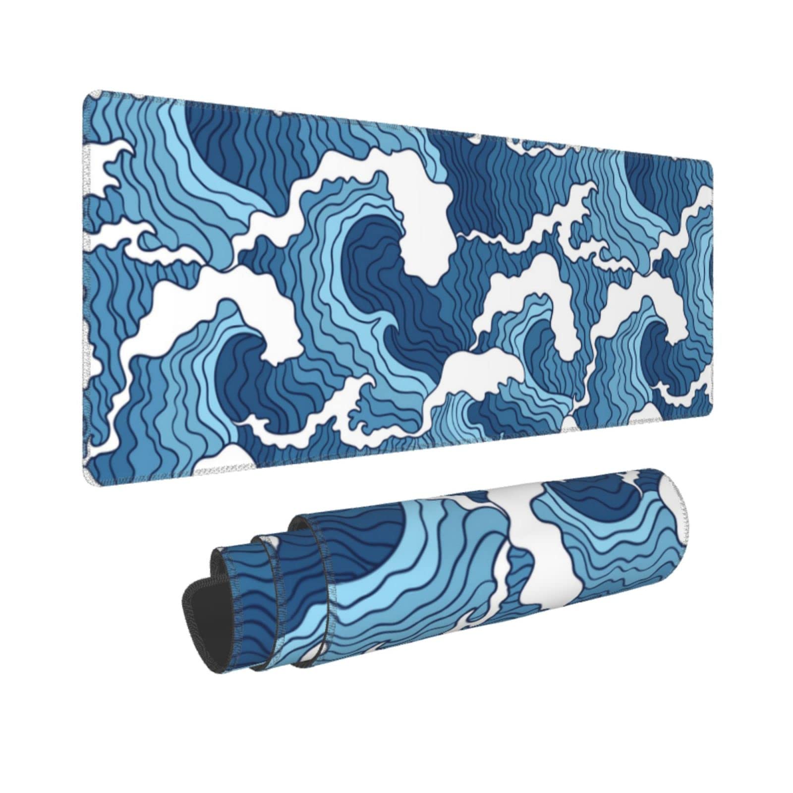 Japanese Wave Gaming Mouse Pad - Blue & White Large Extended Mouse Mat (31.5