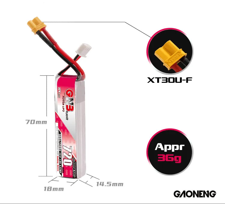 GNB 7.6V 720mAh 100C 2S LiPo Battery with XT30 Connector - High Performance Rechargeable Battery for FPV Racing Drones, RC Cars, and Quadcopters (2 Pack) - Perfect for Long Flight Time and Extreme Speed Racing