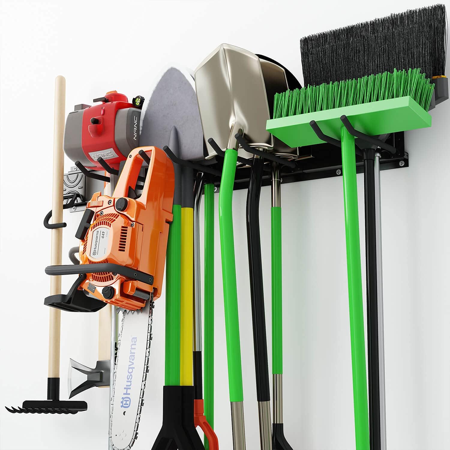 Godboat Garage Storage Wall Mount - 6 Hooks Heavy Duty Tool Organizer (32 Inch) for Yard Tools, Water Hose & Garden Equipment - 550lbs Max Load - Perfect for Garage Organization & Father's Day Gifts - Ideal for DIY Projects, Home Improvement & Outdoor Storage Solutions