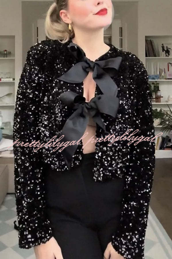 Elegant Tie-Front Bow Sequined Jacket for Women - Perfect for Parties & Date Nights | Two-Way Styling Options