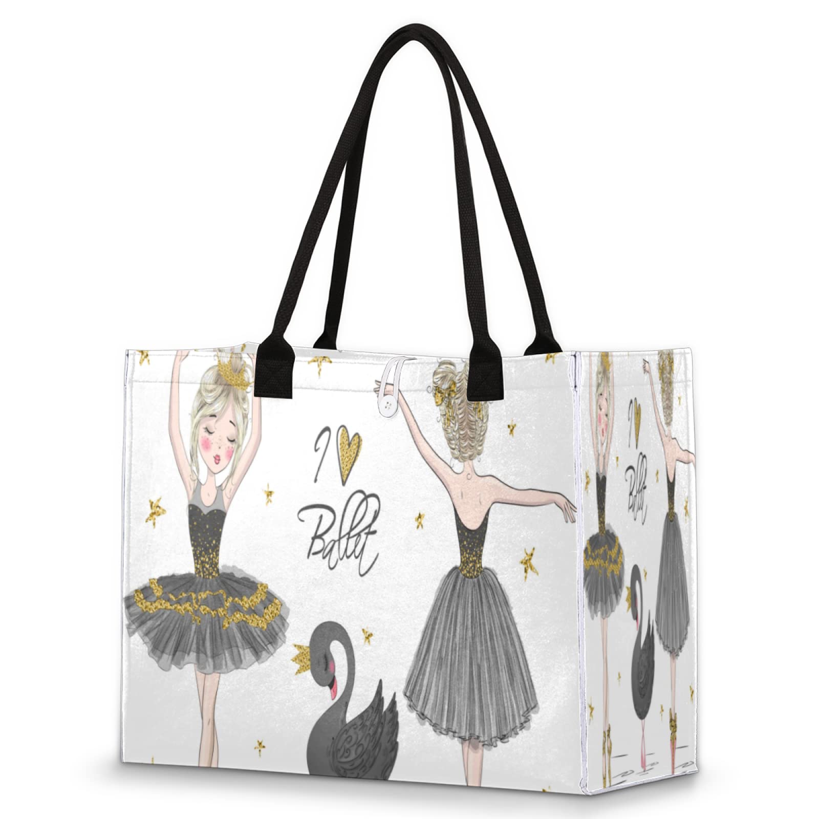 AUUXVA Elegant Black Swan Ballerina Beach Tote Bag - Large Reusable Women's Shoulder Bag with Zipper Pouch for Travel, Shopping, Work & School | Perfect for Beach Outings, Grocery Runs and Daily Commute