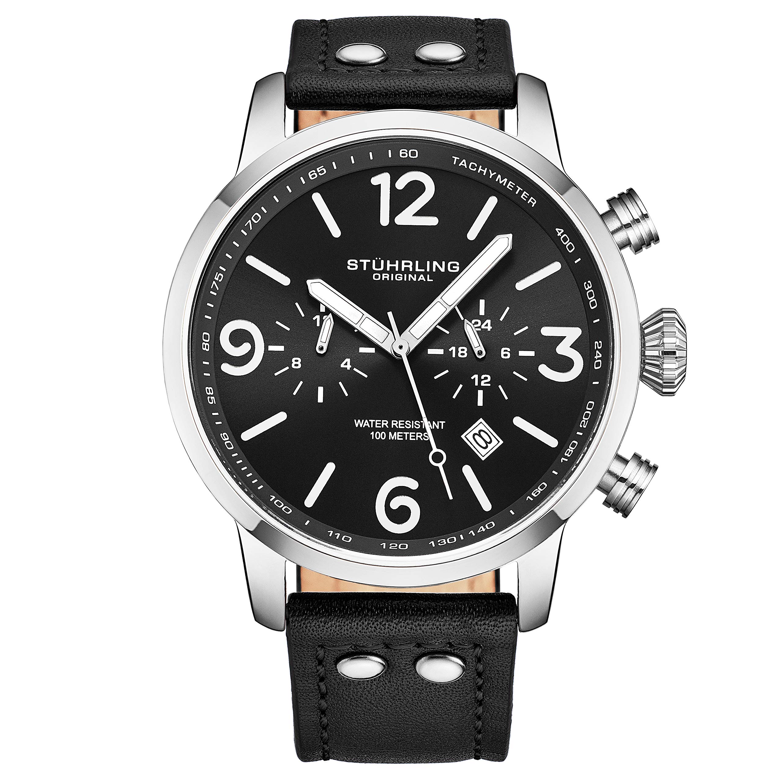 Stuhrling Original Men's Aviator Leather Dress Watch with Date, Dual Time, 24-Hour Subdial & Tachymeter - Premium Pilot Watch for Business, Formal & Casual Wear - Perfect for Office, Travel & Special Occasions