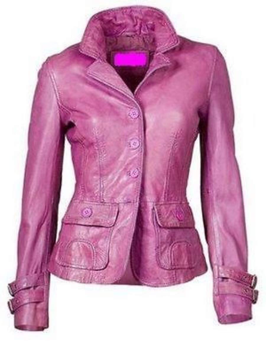 Genuine Lambskin Leather Blazer for Women - Slim Fit Four Button Jacket Coat in Hot Pink | Office Wear, Business Attire, Evening Outfits & Special Occasions