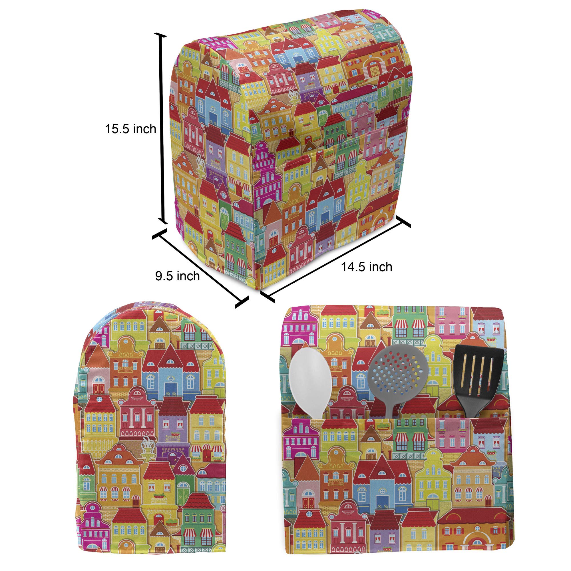 Ambesonne Cartoon Cityscape Stand Mixer Cover - European Architecture Art with Pillars & Fountains Design, 6-8 Quart Kitchen Appliance Organizer Bag with Pocket, Multicolor - Perfect for Baking, Cooking & Kitchen Organization