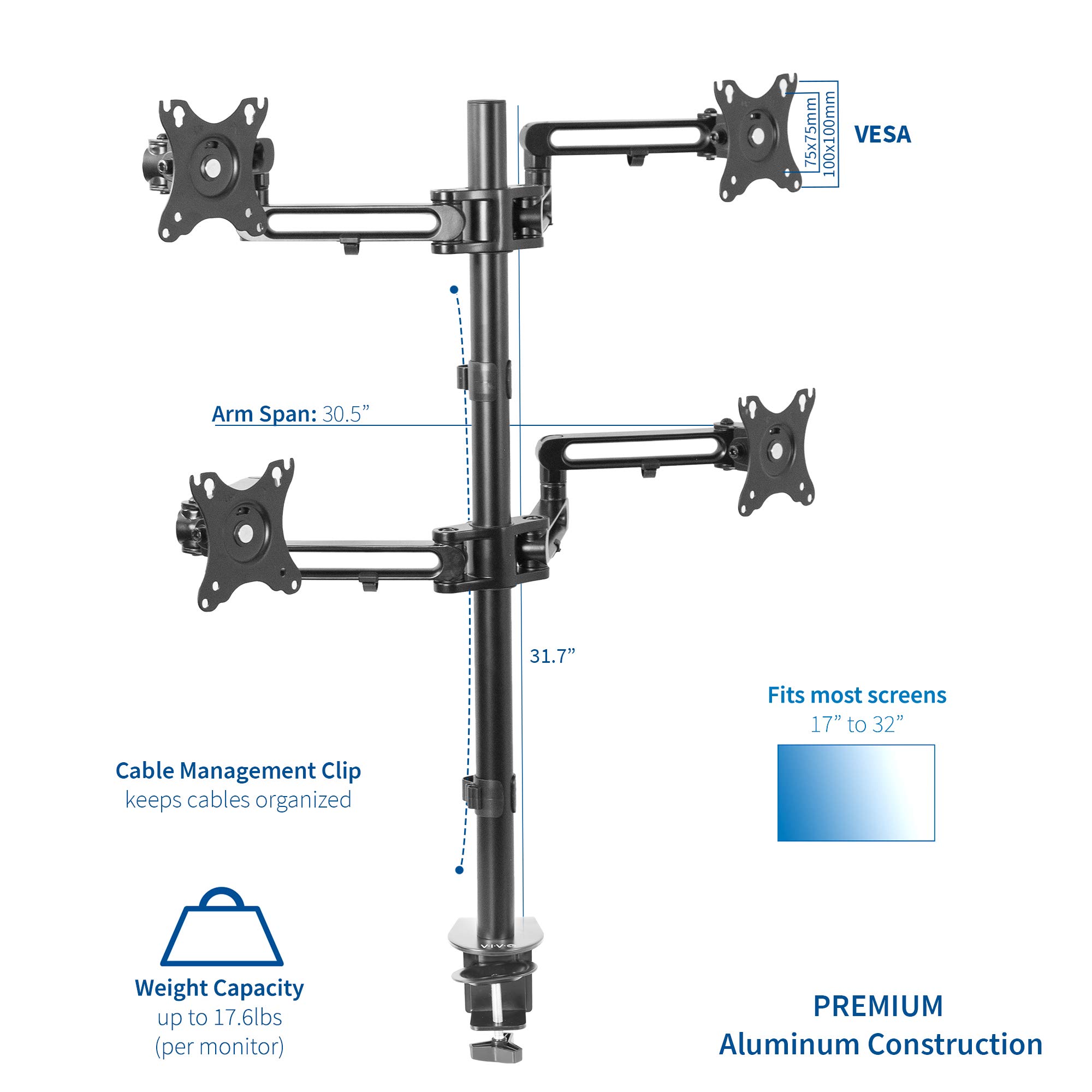 VIVO Quad Monitor Stand for 17 to 32 inch Screens | Heavy Duty Adjustable Clamp-on Desk Mount | Holds 4 LCD/LED Monitors up to 100x100mm VESA | Ergonomic Home Office Workstation Setup | Perfect for Multi-Screen Trading, Coding & Video Editing