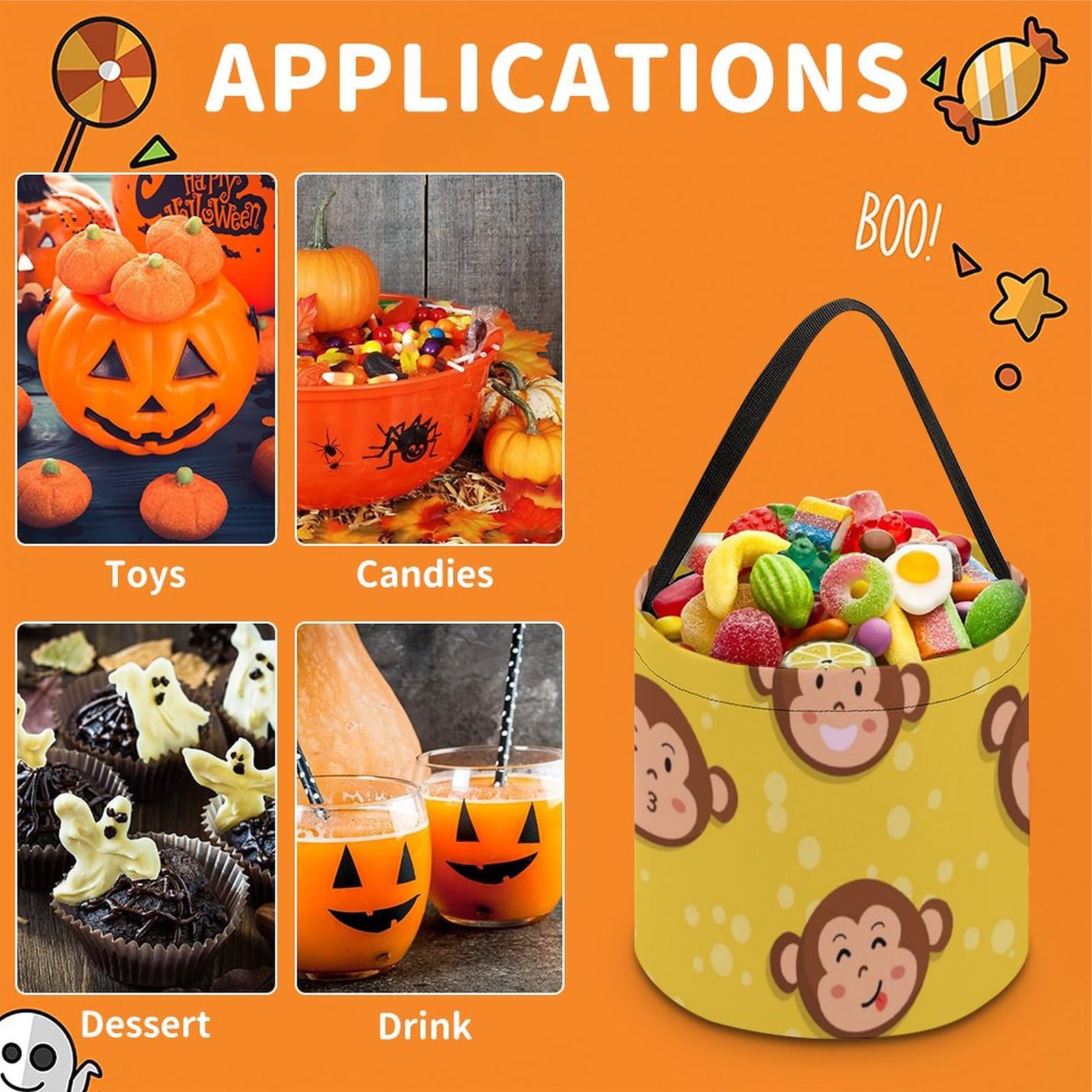 Yellow Halloween Candy Bucket with Monkey Pattern - Cute Trick or Treat Tote Bag for Kids, Halloween Party Decor & Gift | Perfect for Trick-or-Treating, Halloween Parties & Home Decor